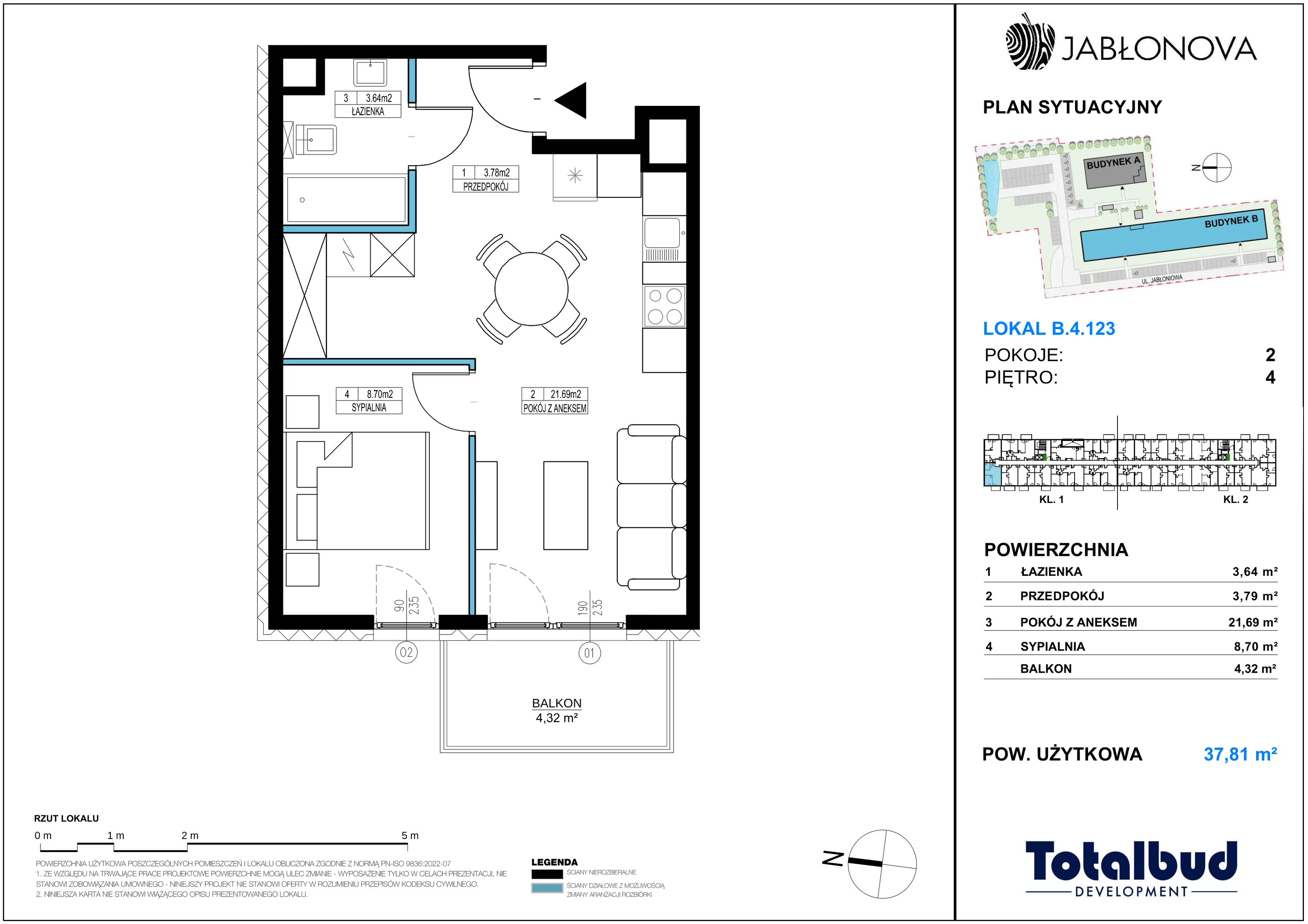 2 pokoje, mieszkanie 37,81 m², piętro 4, oferta nr B.4.123, Jabłonova Bud. B, Piaseczno, ul. Jabłoniowa