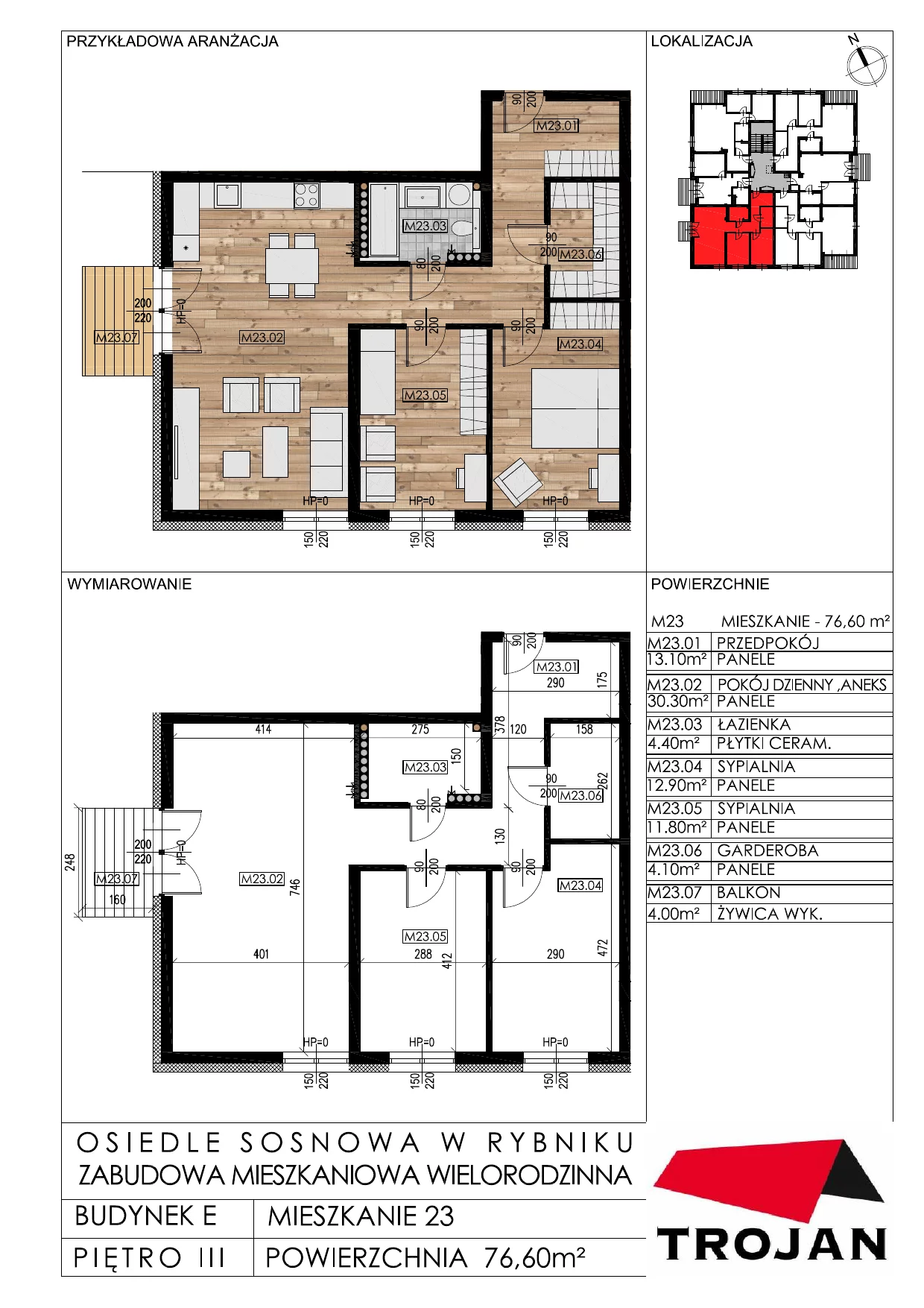Mieszkanie 76,60 m², piętro 3, oferta nr E23, Osiedle Sosnowa, Rybnik, Paruszowiec-Piaski, ul. Sosnowa 20