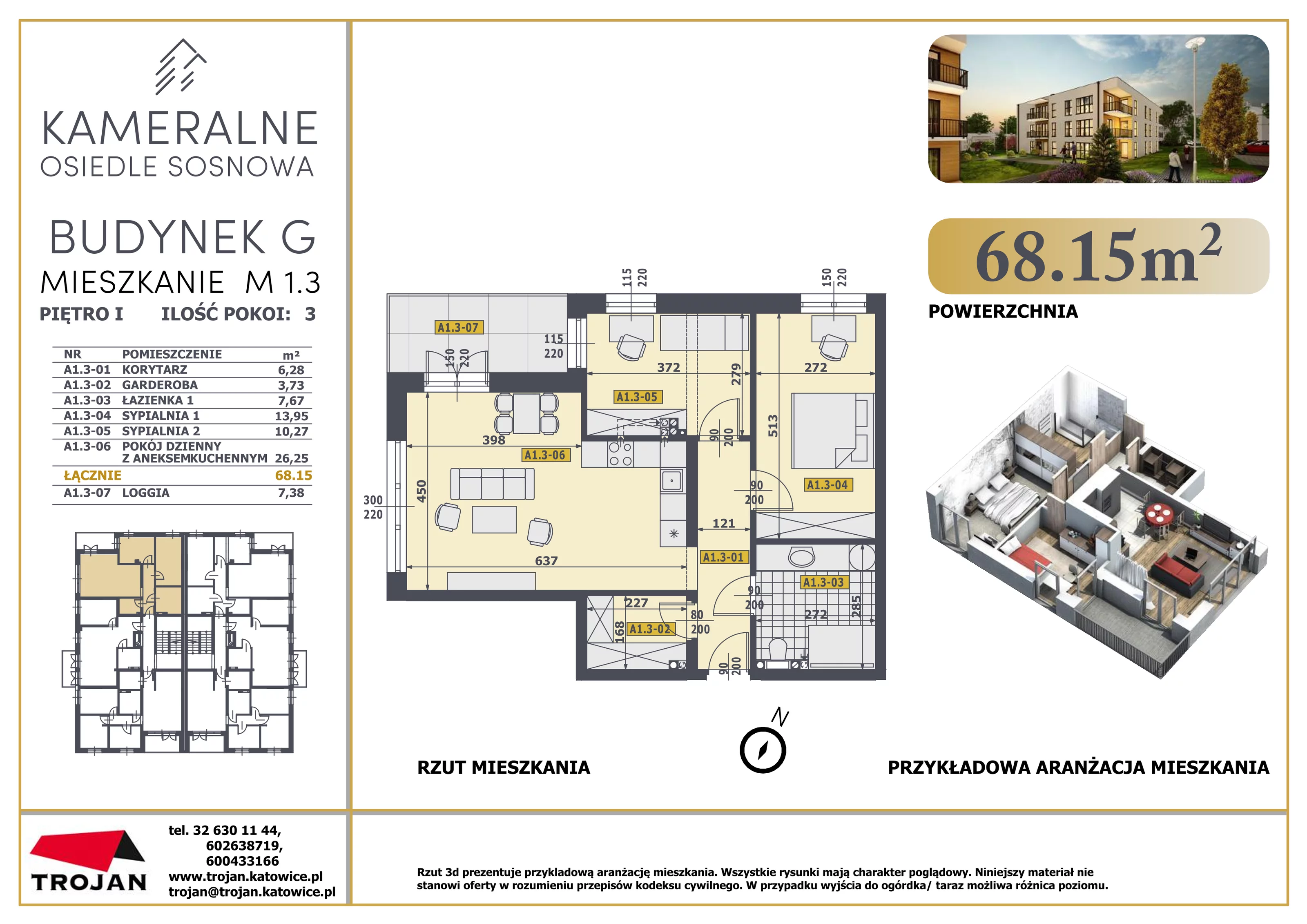 Mieszkanie 68,15 m², piętro 1, oferta nr M 1.3, Osiedle Sosnowa, Rybnik, Paruszowiec-Piaski, ul. Sosnowa 20