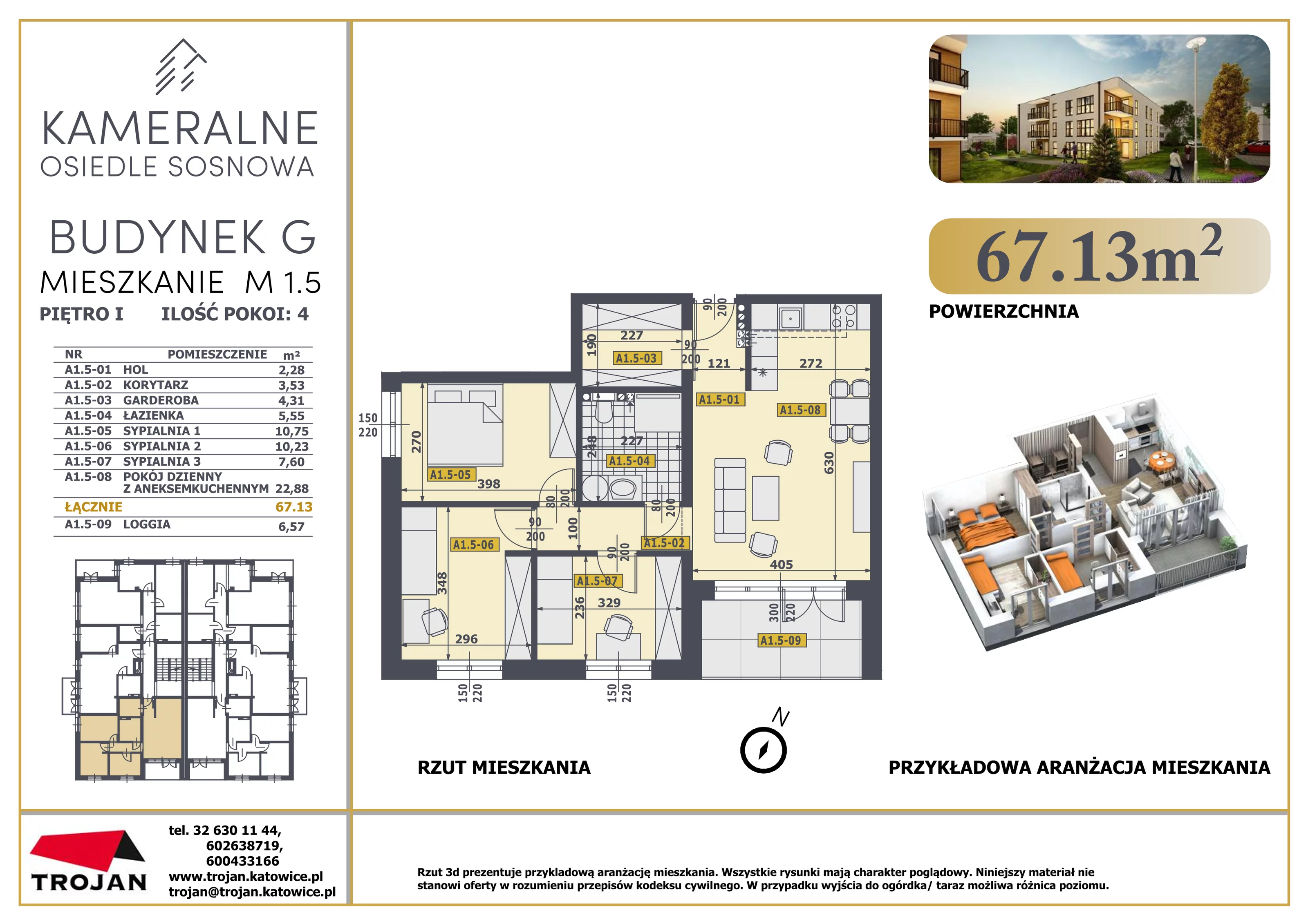 Mieszkanie 67,13 m², piętro 1, oferta nr M 1.5, Osiedle Sosnowa, Rybnik, Paruszowiec-Piaski, ul. Sosnowa 20