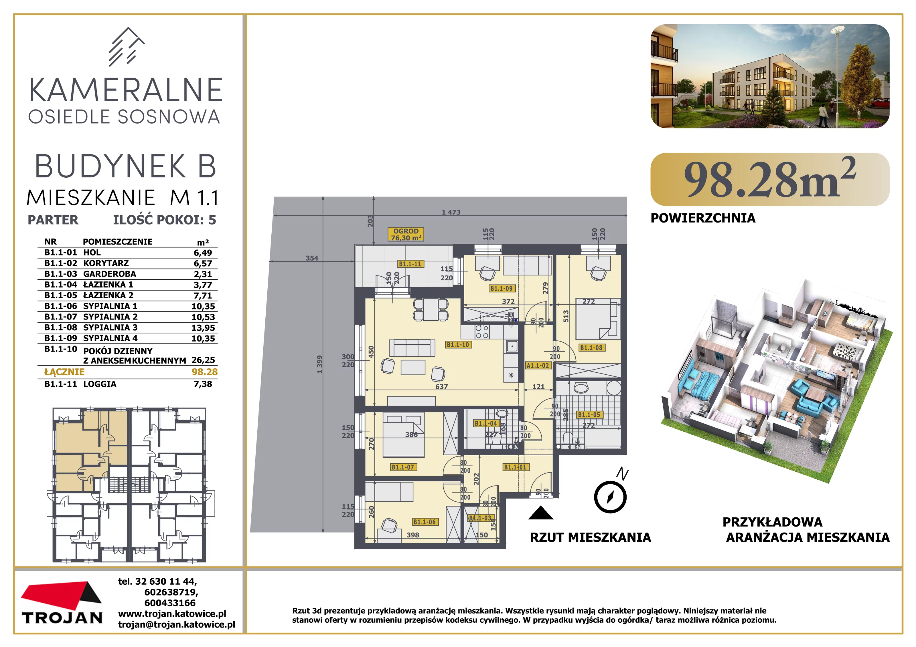 5 pokoi, mieszkanie 98,28 m², parter, oferta nr B1.1, Osiedle Sosnowa Budynek B-C, Rybnik, Paruszowiec-Piaski, ul. Sosnowa 20