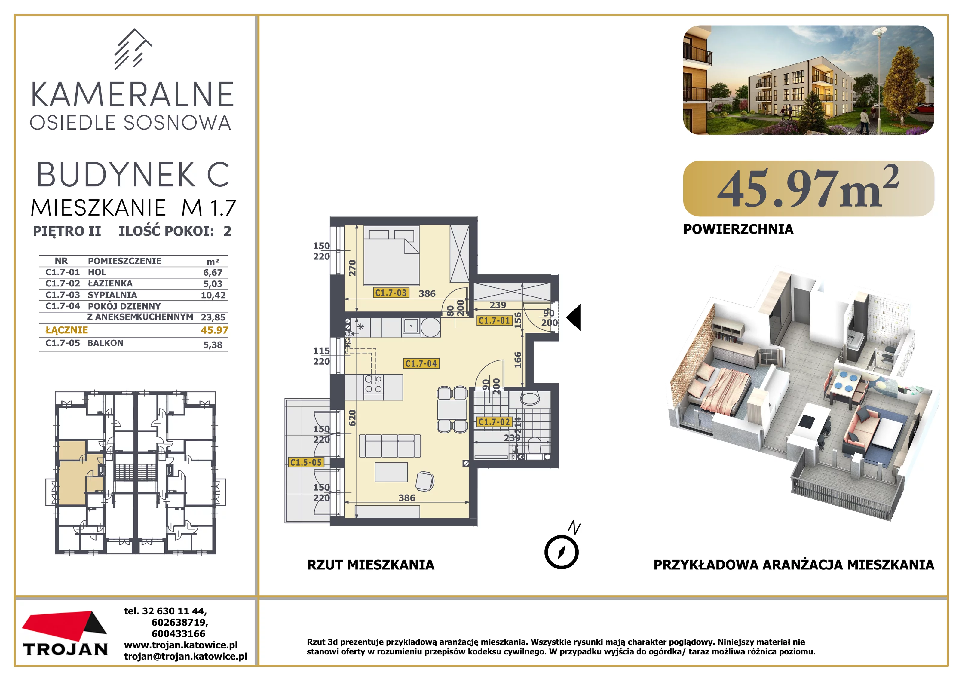 Mieszkanie 45,97 m², piętro 2, oferta nr C1.7, Osiedle Sosnowa Budynek B-C, Rybnik, Paruszowiec-Piaski, ul. Sosnowa 20