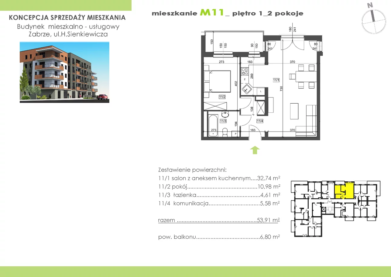 Mieszkanie 53,41 m², piętro 1, oferta nr 11, Zabrze, ul Sienkiewicza, Zabrze, Centrum Północ, ul. Sienkiewicza
