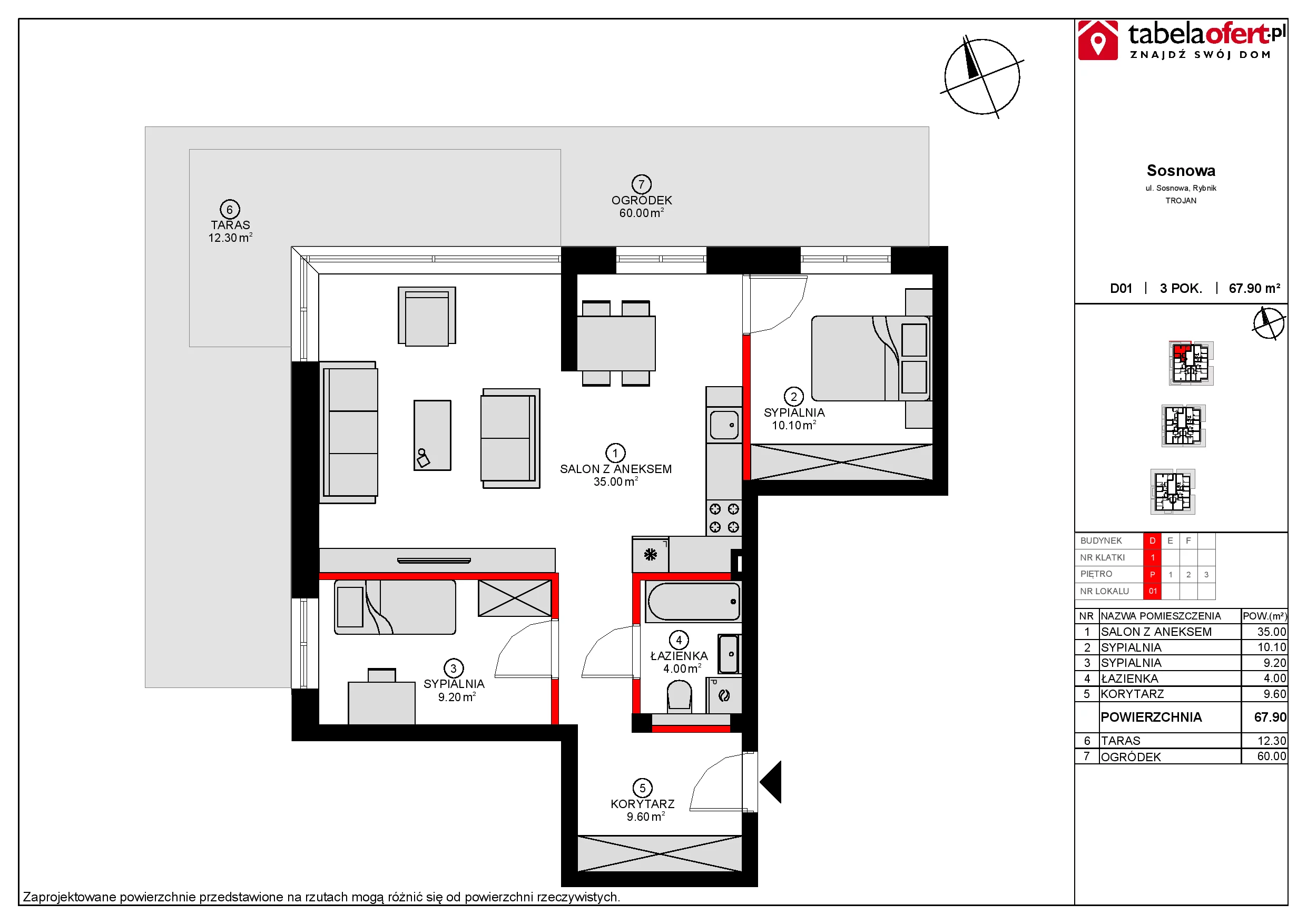 Mieszkanie 67,90 m², parter, oferta nr D01, Osiedle Sosnowa, Rybnik, Paruszowiec-Piaski, ul. Sosnowa 20