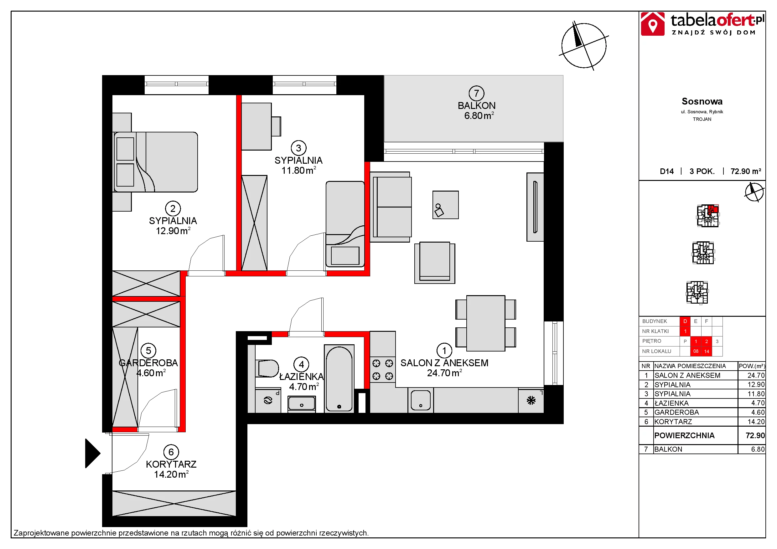 Mieszkanie 72,90 m², piętro 2, oferta nr D14, Osiedle Sosnowa, Rybnik, Paruszowiec-Piaski, ul. Sosnowa 20