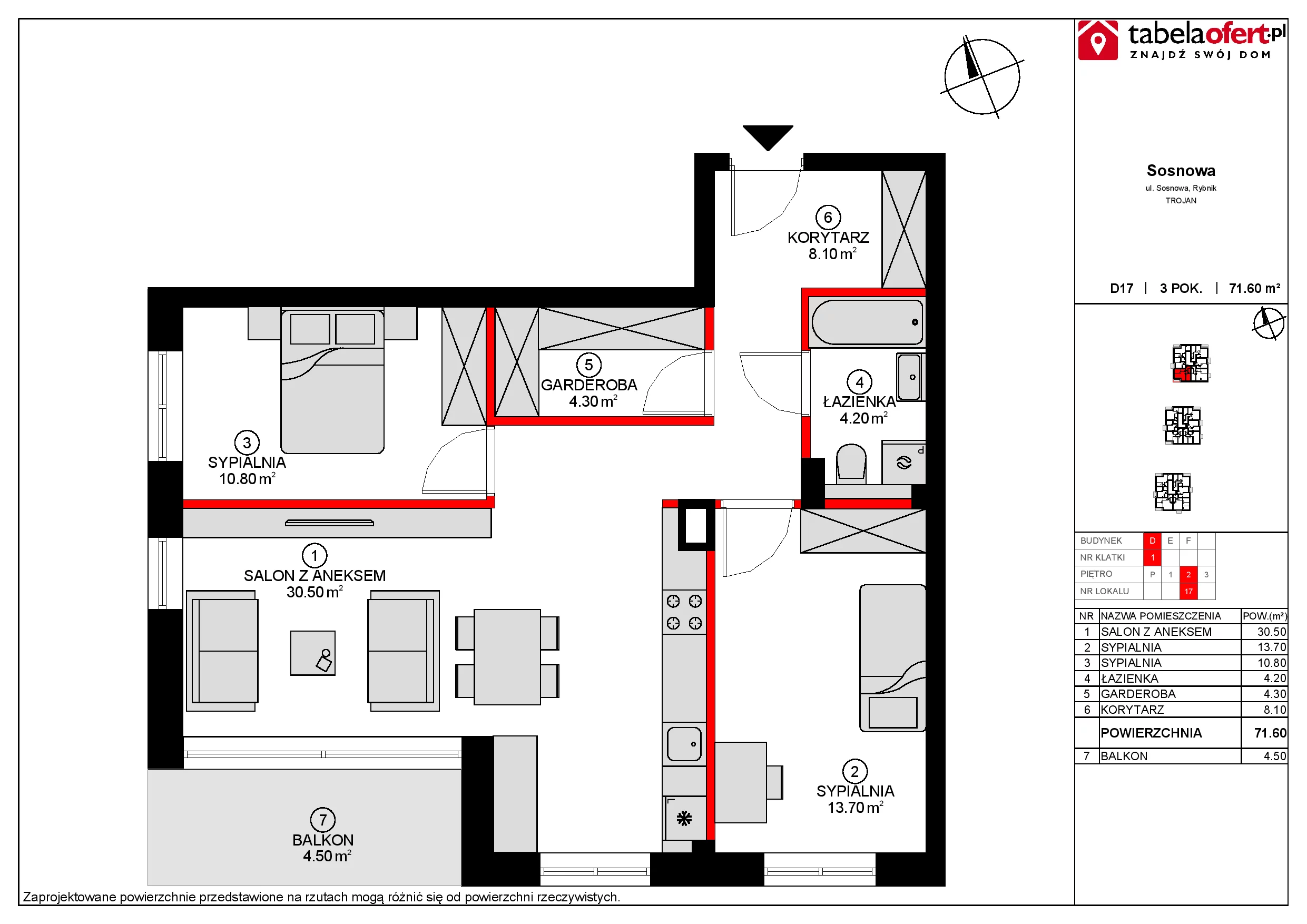 Mieszkanie 71,60 m², piętro 2, oferta nr D17, Osiedle Sosnowa, Rybnik, Paruszowiec-Piaski, ul. Sosnowa 20