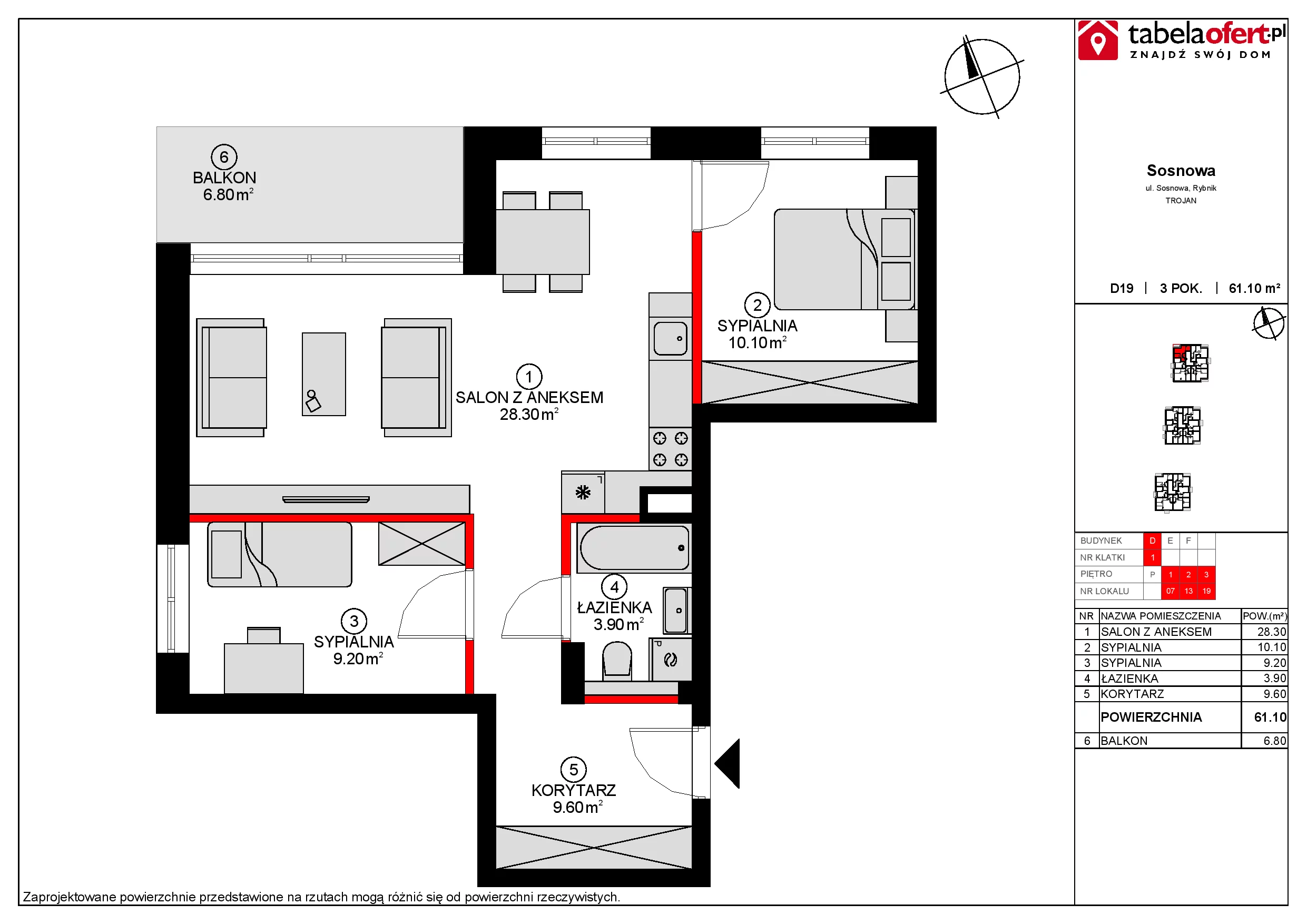 Mieszkanie 61,10 m², piętro 3, oferta nr D19, Osiedle Sosnowa, Rybnik, Paruszowiec-Piaski, ul. Sosnowa 20