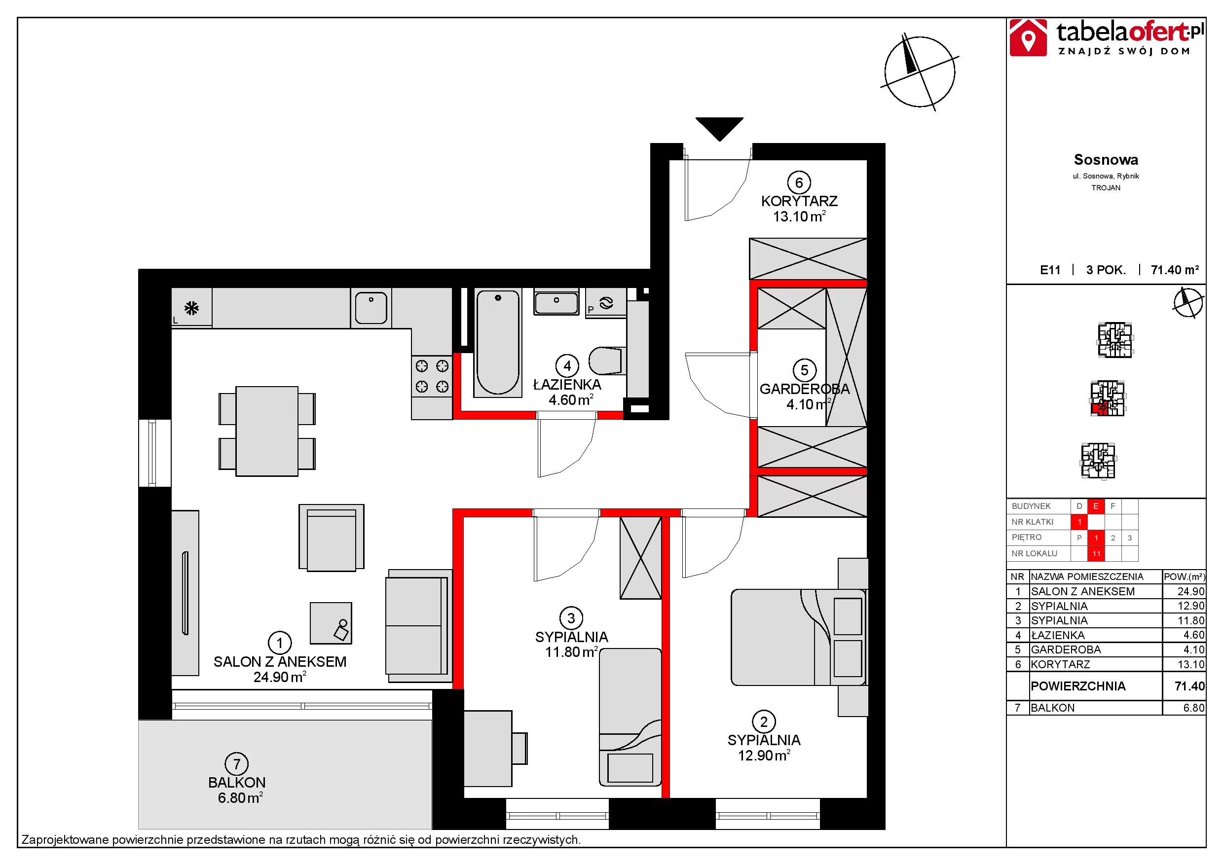 Mieszkanie 71,40 m², piętro 1, oferta nr E11, Osiedle Sosnowa, Rybnik, Paruszowiec-Piaski, ul. Sosnowa 20