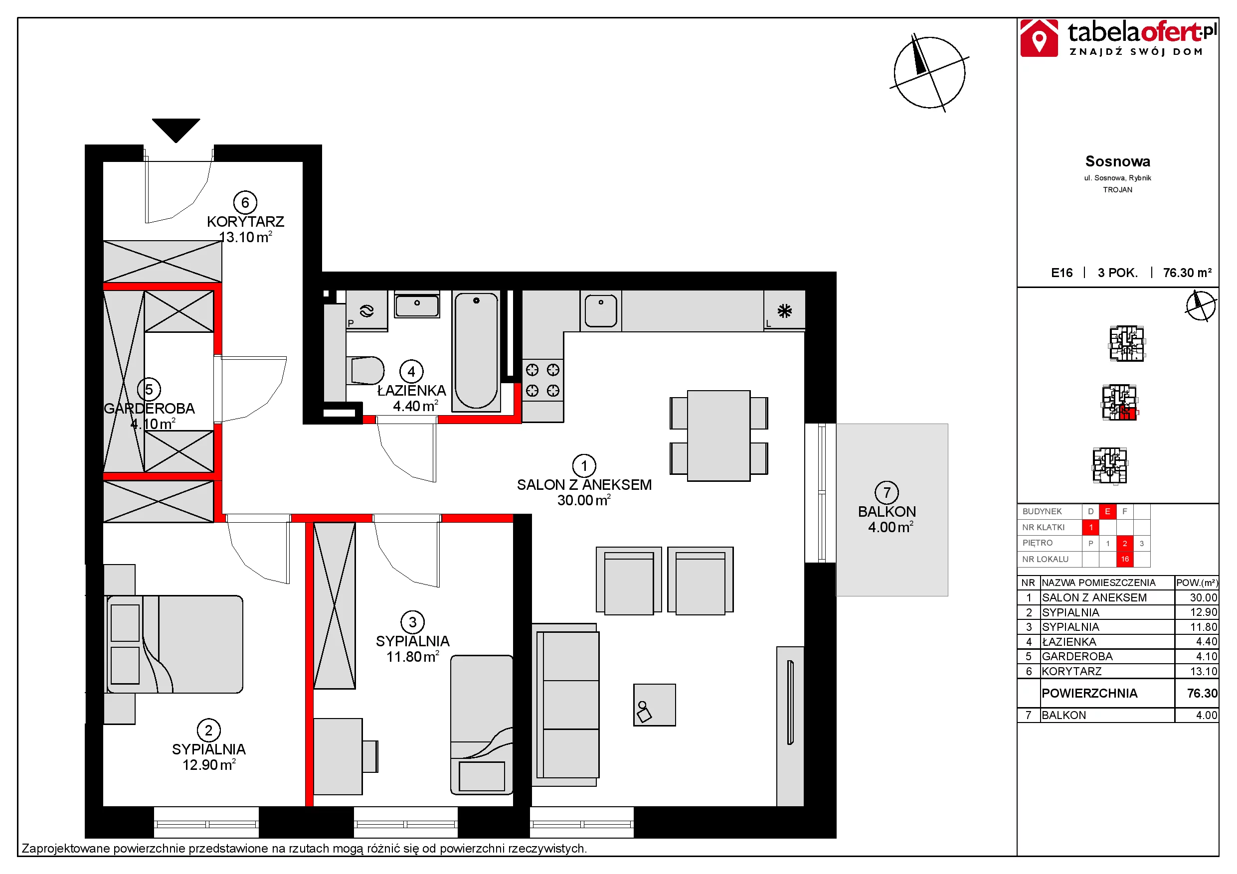 Mieszkanie 76,30 m², piętro 2, oferta nr E16, Osiedle Sosnowa, Rybnik, Paruszowiec-Piaski, ul. Sosnowa 20