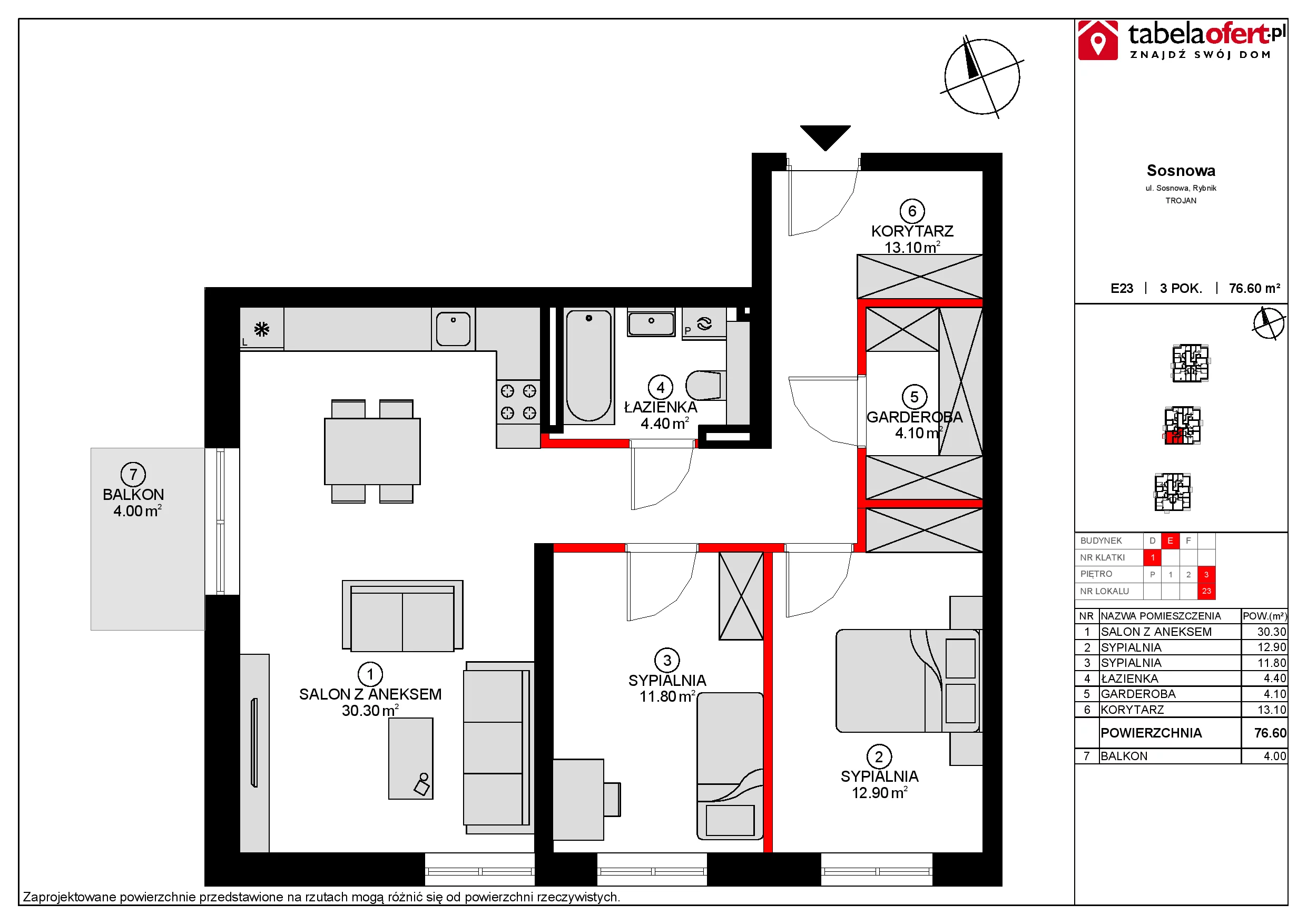 Mieszkanie 76,60 m², piętro 3, oferta nr E23, Osiedle Sosnowa, Rybnik, Paruszowiec-Piaski, ul. Sosnowa 20