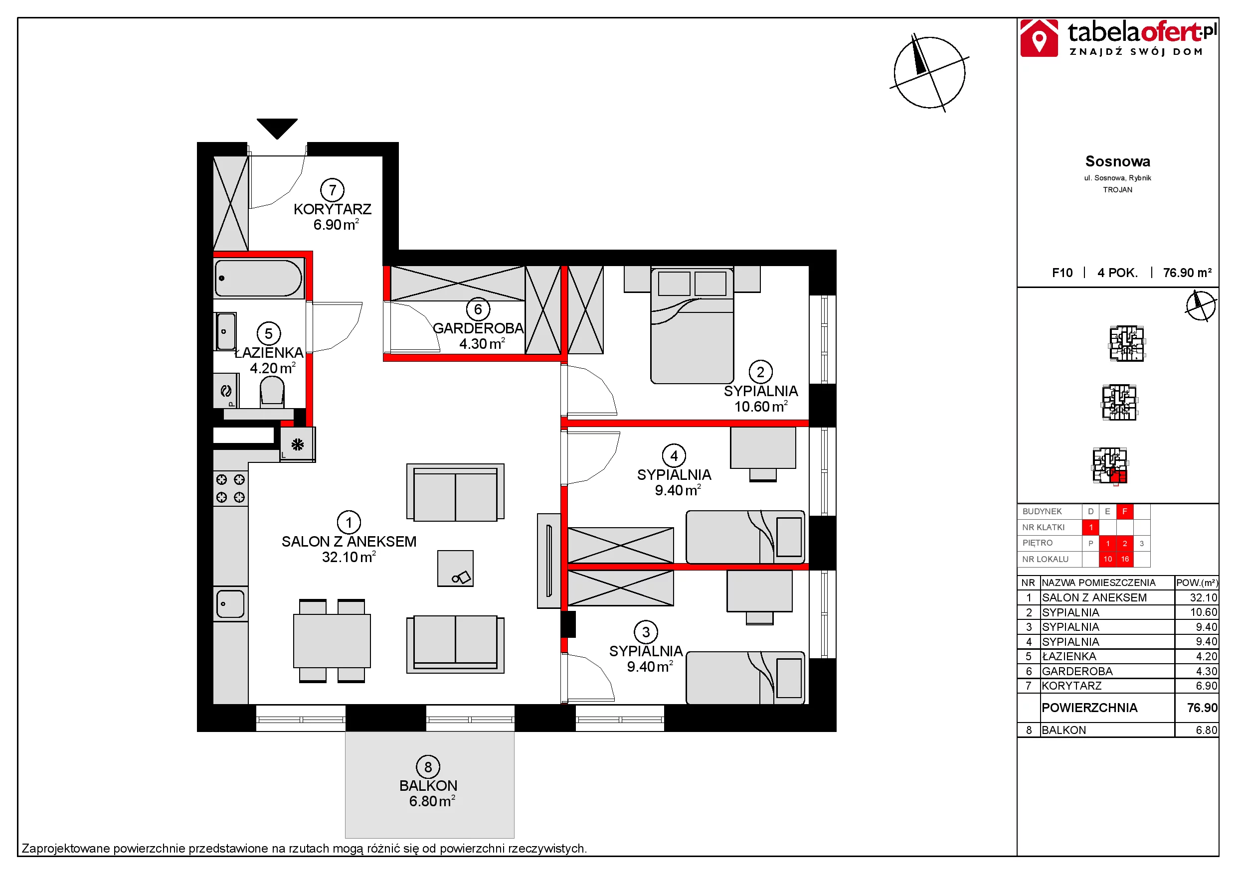 Mieszkanie 77,17 m², piętro 1, oferta nr F10, Osiedle Sosnowa, Rybnik, Paruszowiec-Piaski, ul. Sosnowa 20