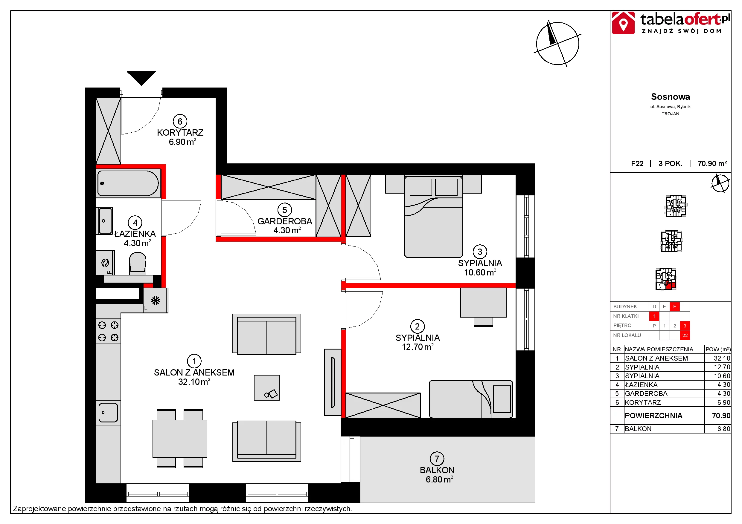 Mieszkanie 70,69 m², piętro 3, oferta nr F22, Osiedle Sosnowa, Rybnik, Paruszowiec-Piaski, ul. Sosnowa 20