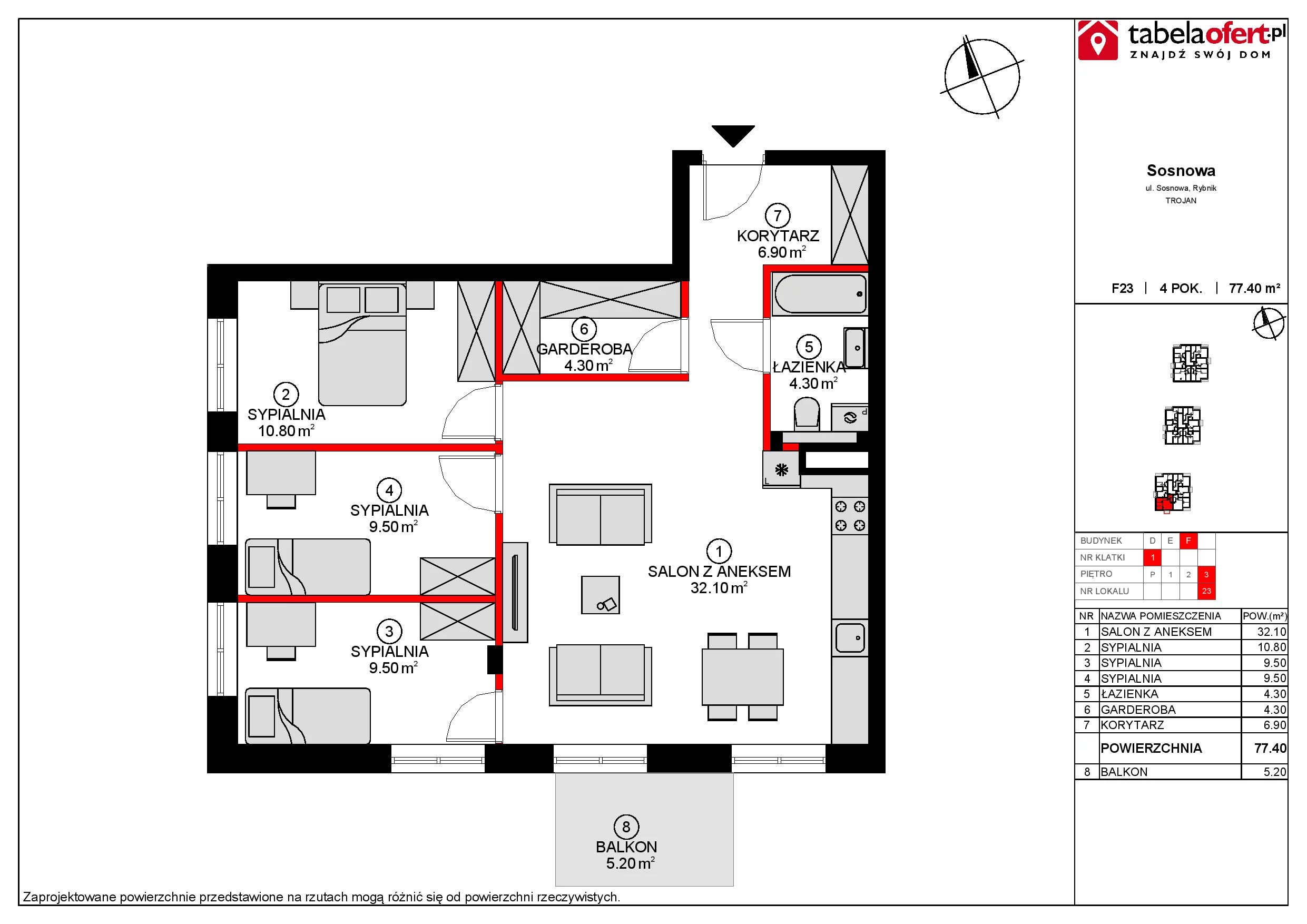 Mieszkanie 76,89 m², piętro 3, oferta nr F23, Osiedle Sosnowa, Rybnik, Paruszowiec-Piaski, ul. Sosnowa 20