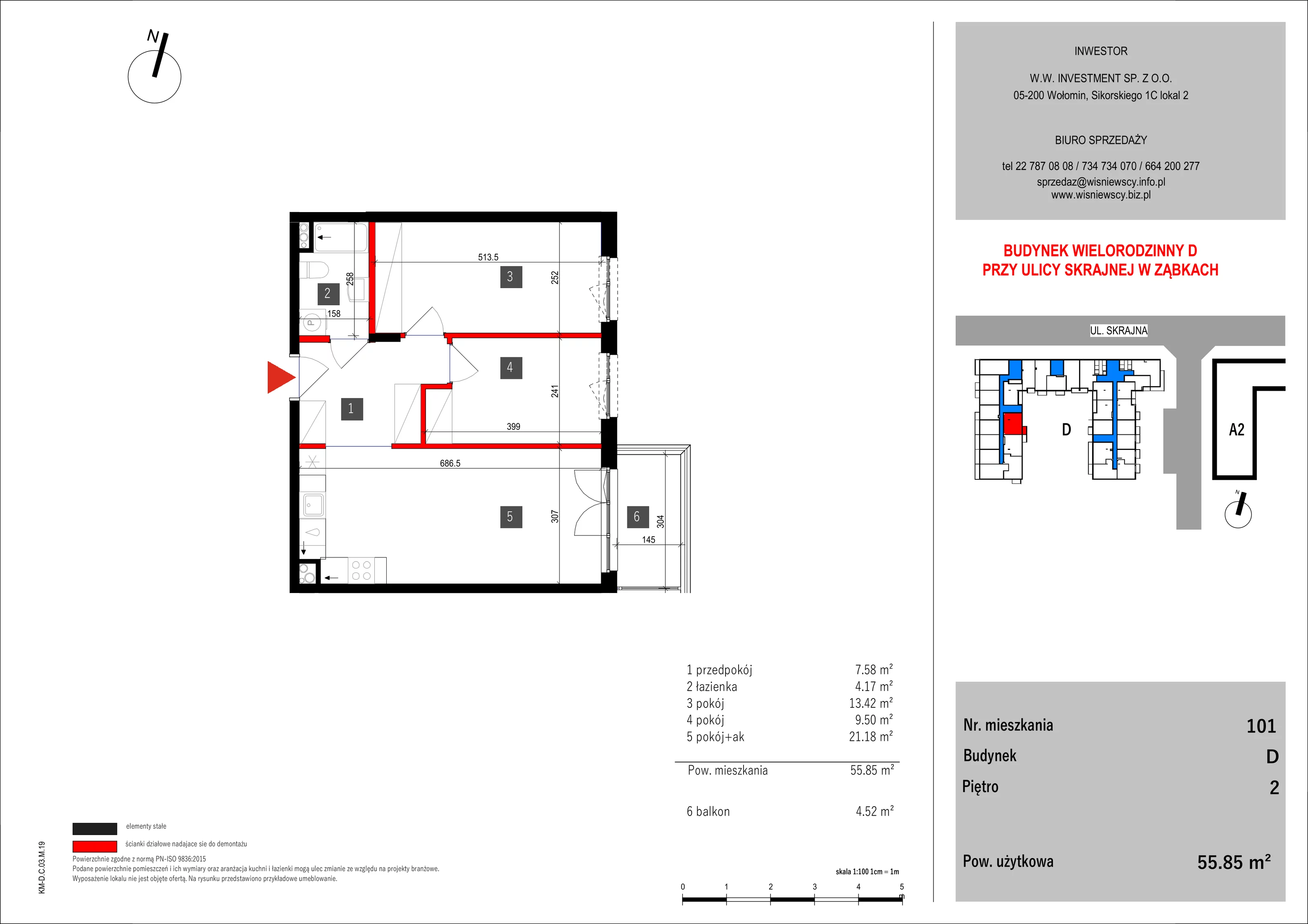 3 pokoje, mieszkanie 55,85 m², piętro 2, oferta nr 101, SKRAJNA 9, Ząbki, ul. Skrajna 9