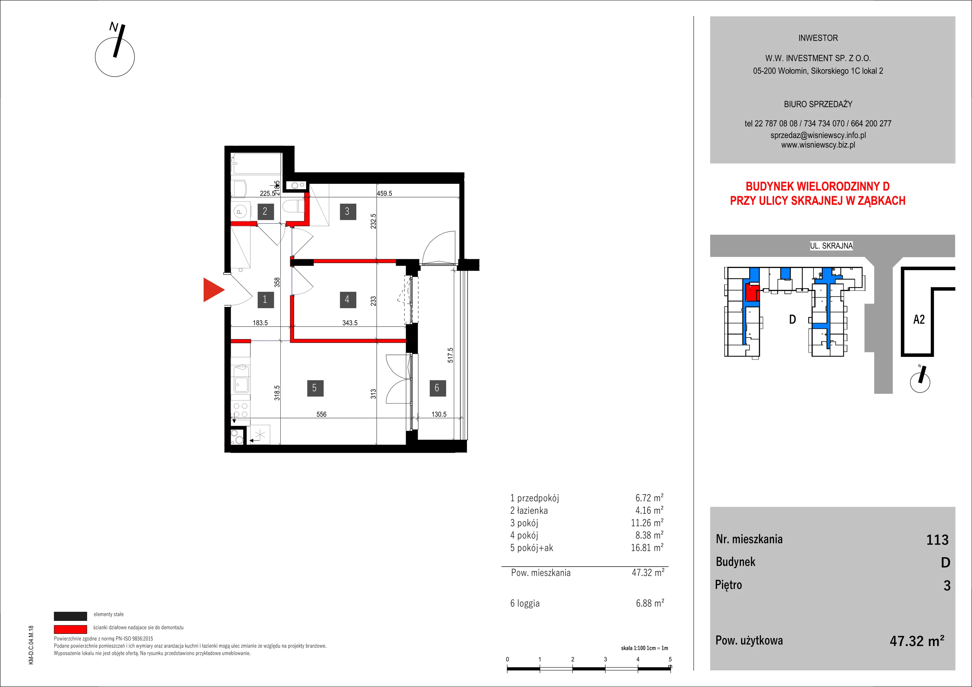 3 pokoje, mieszkanie 47,32 m², piętro 3, oferta nr 113, SKRAJNA 9, Ząbki, ul. Skrajna 9
