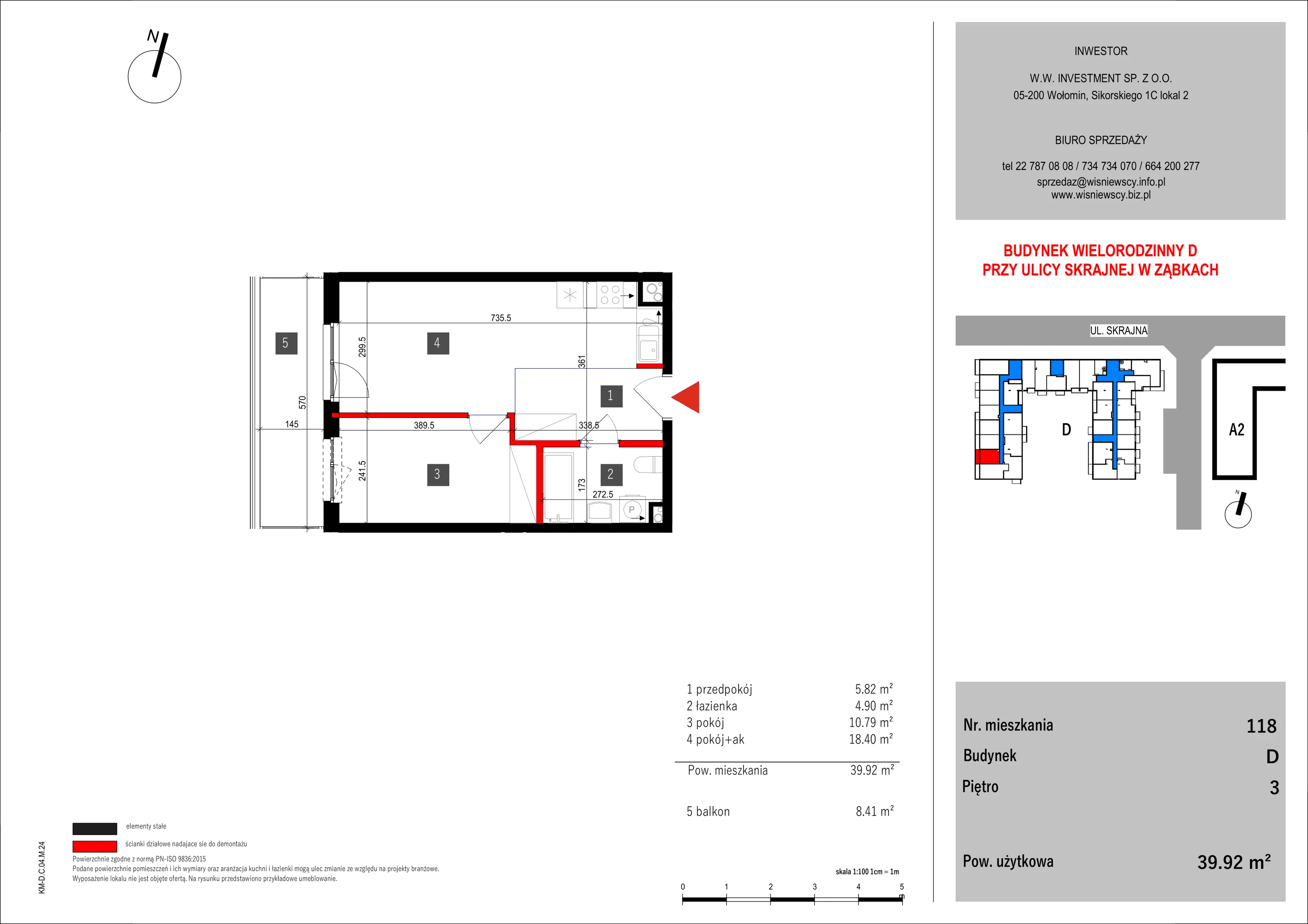 2 pokoje, mieszkanie 39,92 m², piętro 3, oferta nr 118, SKRAJNA 9, Ząbki, ul. Skrajna 9