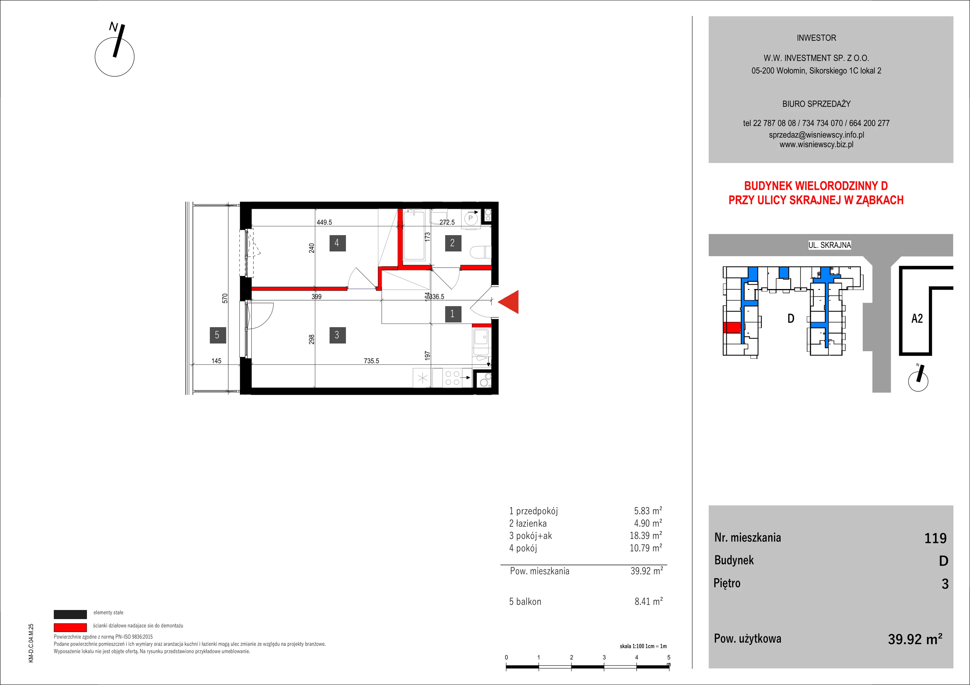 2 pokoje, mieszkanie 39,92 m², piętro 3, oferta nr 119, SKRAJNA 9, Ząbki, ul. Skrajna 9