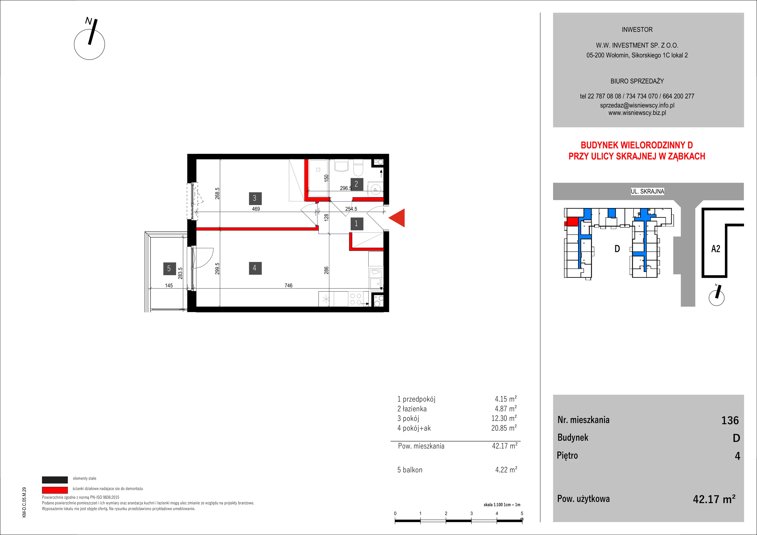 2 pokoje, mieszkanie 42,17 m², piętro 4, oferta nr 136, SKRAJNA 9, Ząbki, ul. Skrajna 9