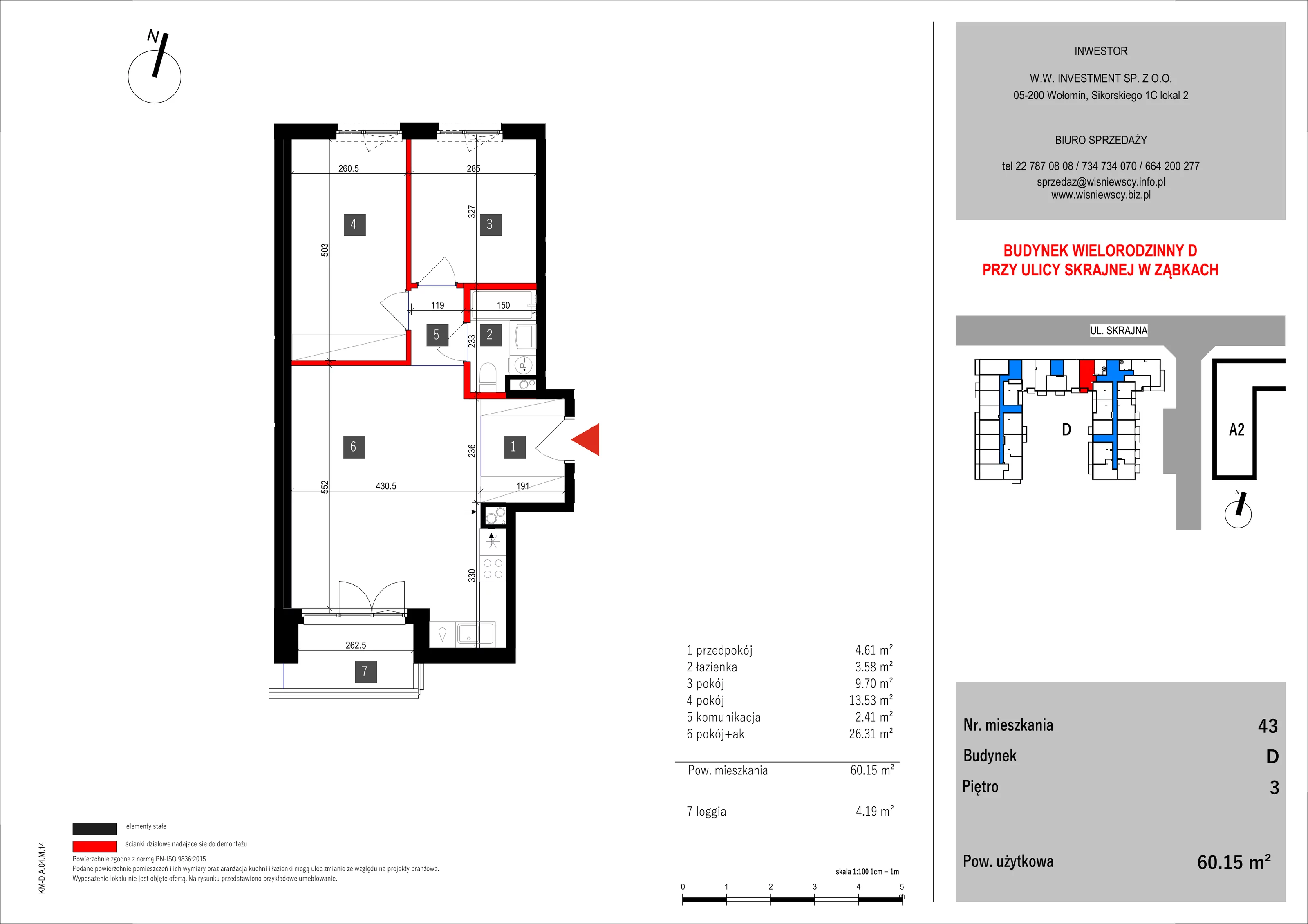 3 pokoje, mieszkanie 60,15 m², piętro 3, oferta nr 43, SKRAJNA 9, Ząbki, ul. Skrajna 9