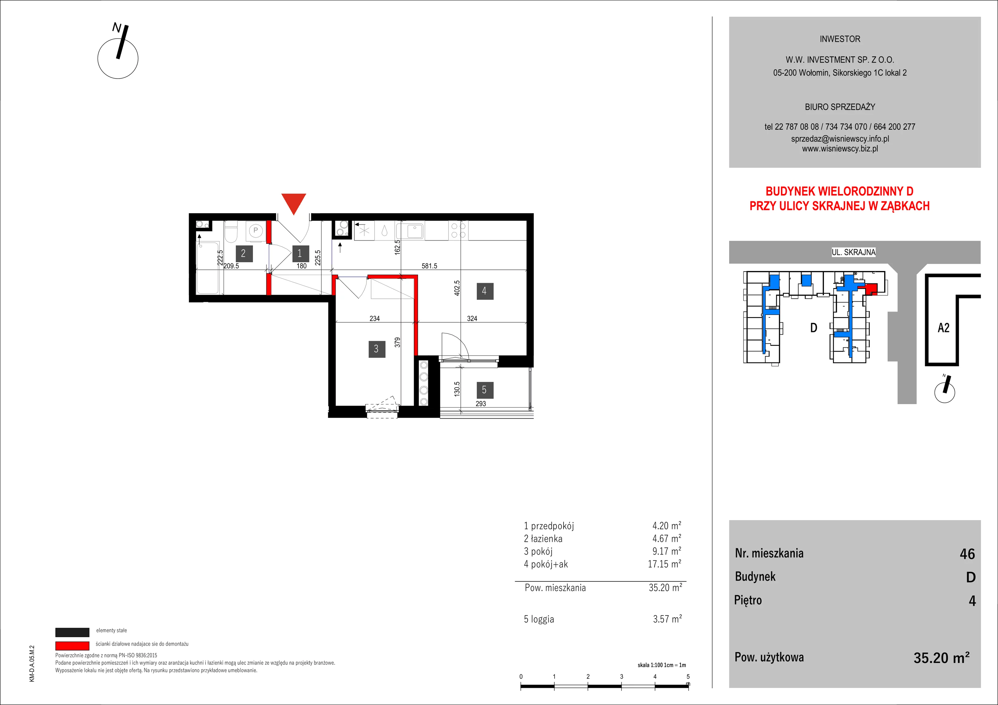 2 pokoje, mieszkanie 35,20 m², piętro 4, oferta nr 46, SKRAJNA 9, Ząbki, ul. Skrajna 9