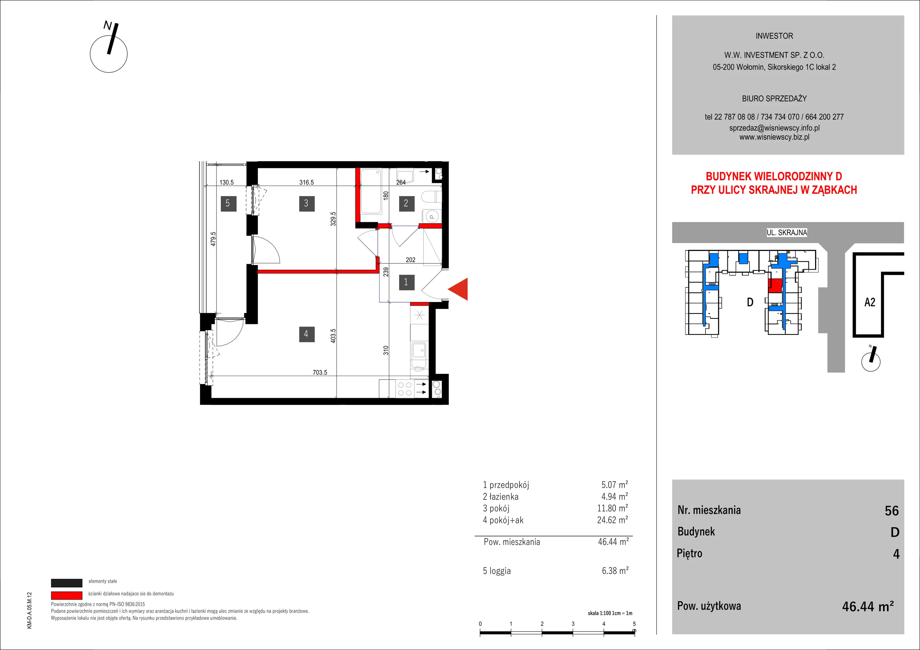 2 pokoje, mieszkanie 46,44 m², piętro 4, oferta nr 56, SKRAJNA 9, Ząbki, ul. Skrajna 9