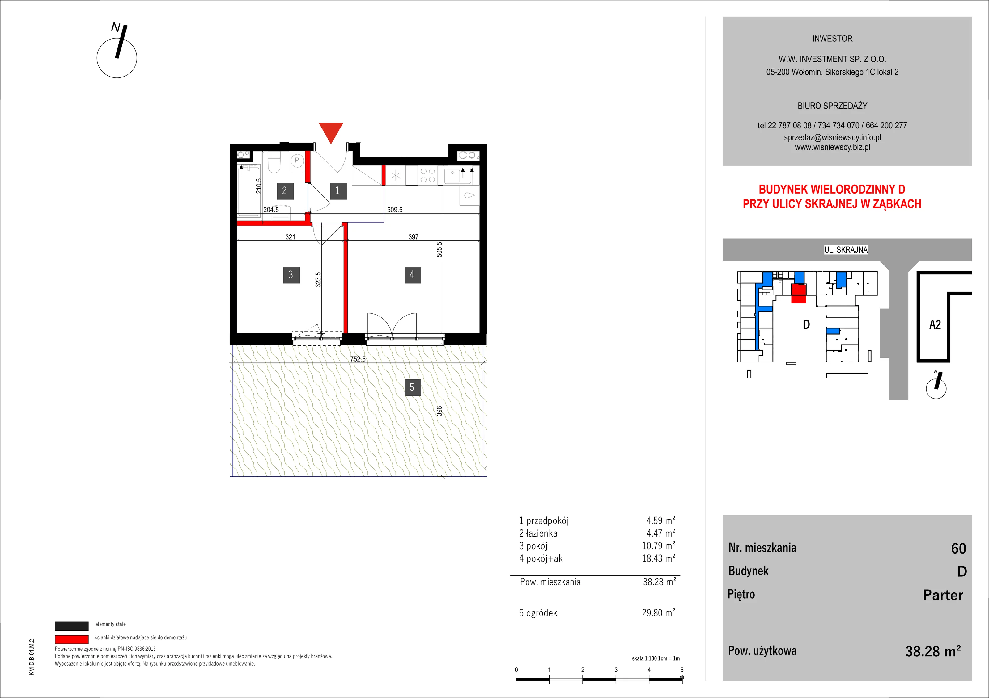 2 pokoje, mieszkanie 38,28 m², parter, oferta nr 60, SKRAJNA 9, Ząbki, ul. Skrajna 9