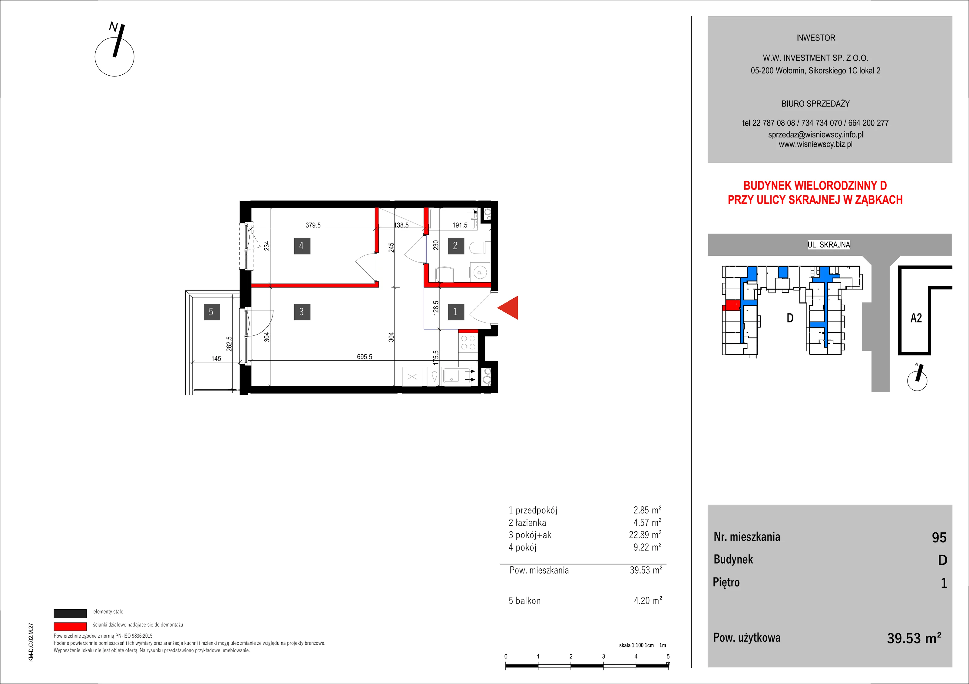 2 pokoje, mieszkanie 39,53 m², piętro 1, oferta nr 95, SKRAJNA 9, Ząbki, ul. Skrajna 9