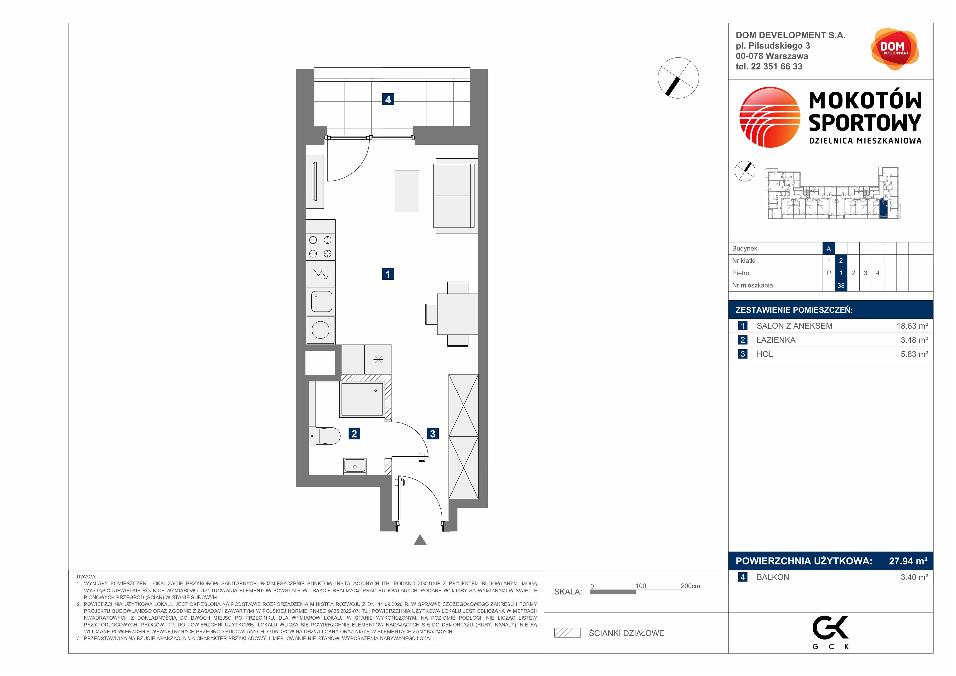 1 pokój, mieszkanie 27,94 m², piętro 1, oferta nr A/38, Mokotów Sportowy 3, Warszawa, Mokotów, Augustówka, ul. Antoniewska