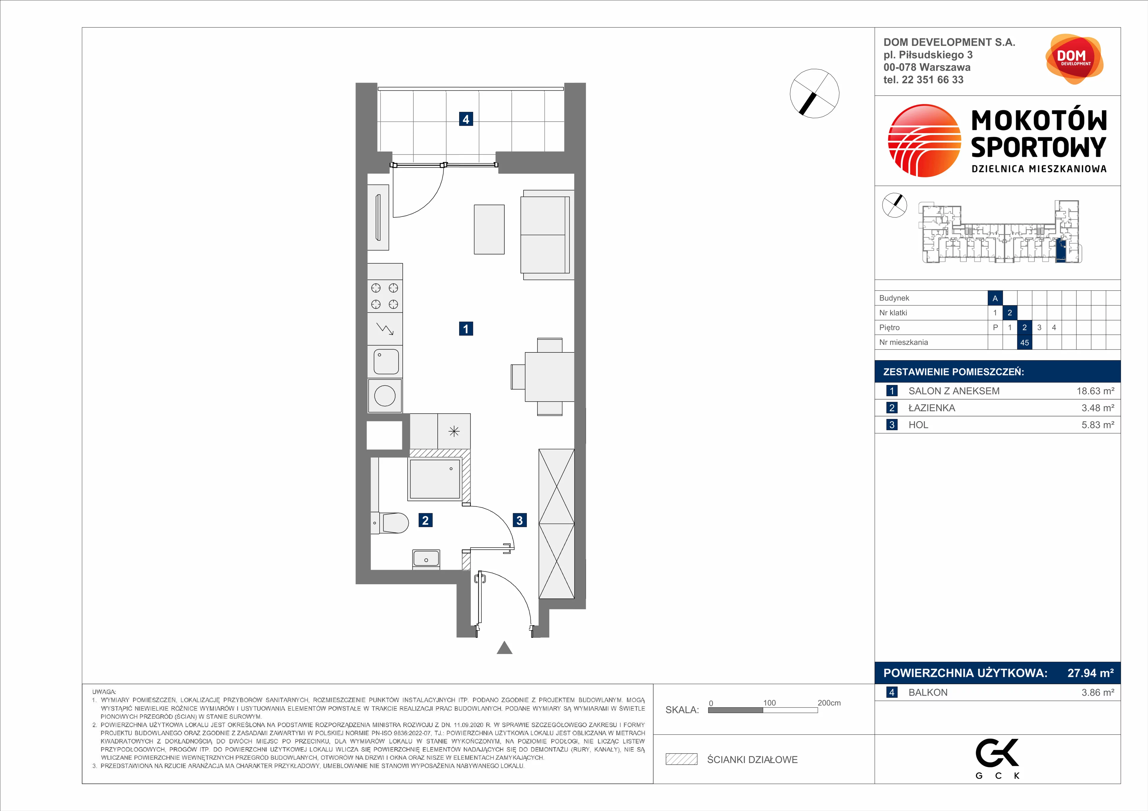 1 pokój, mieszkanie 27,94 m², piętro 2, oferta nr A/45, Mokotów Sportowy 3, Warszawa, Mokotów, Augustówka, ul. Antoniewska