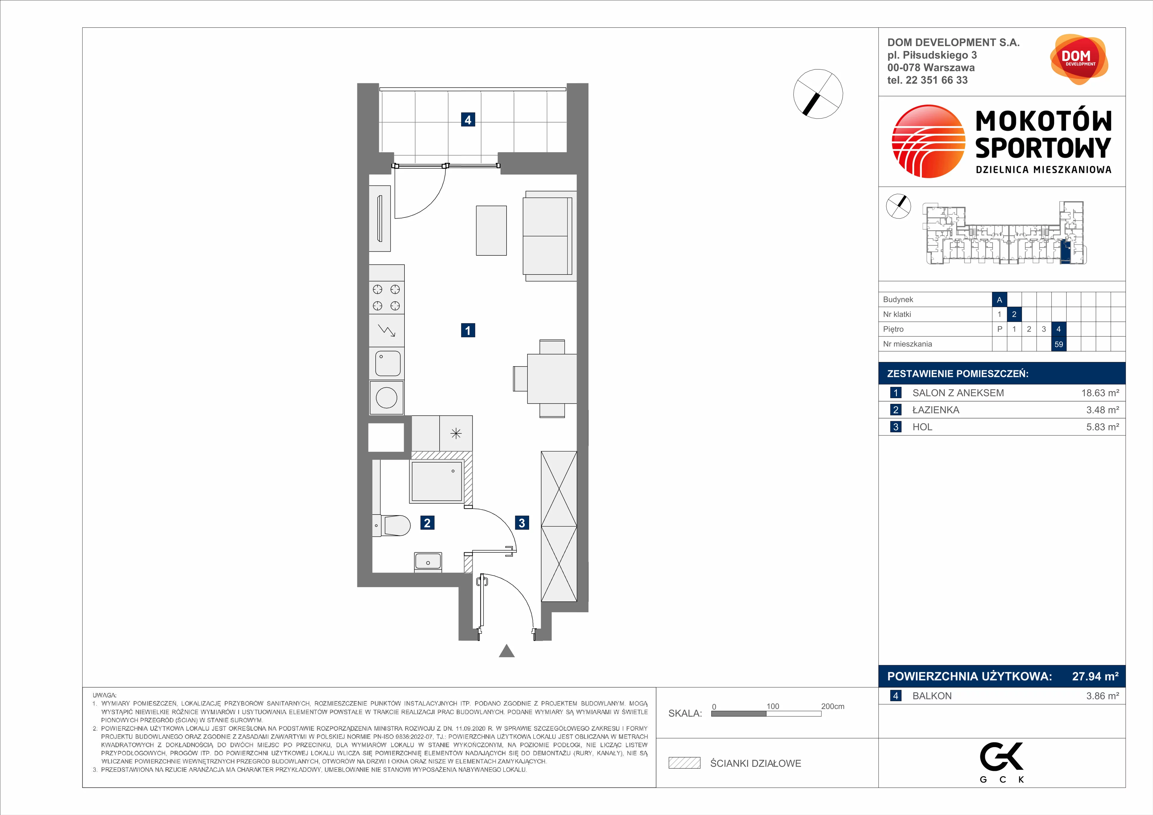 1 pokój, mieszkanie 27,94 m², piętro 4, oferta nr A/59, Mokotów Sportowy 3, Warszawa, Mokotów, Augustówka, ul. Antoniewska