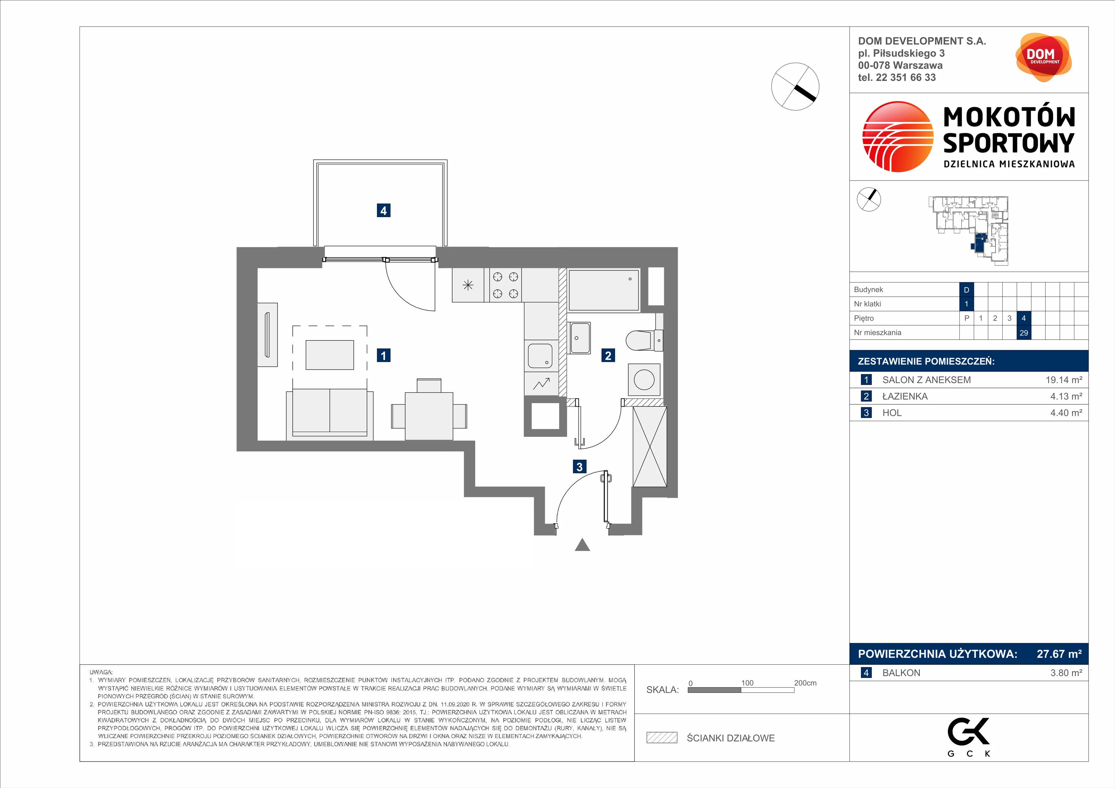 1 pokój, mieszkanie 27,67 m², piętro 4, oferta nr D/29, Mokotów Sportowy 1 B, Warszawa, Mokotów, Augustówka, ul. Antoniewska