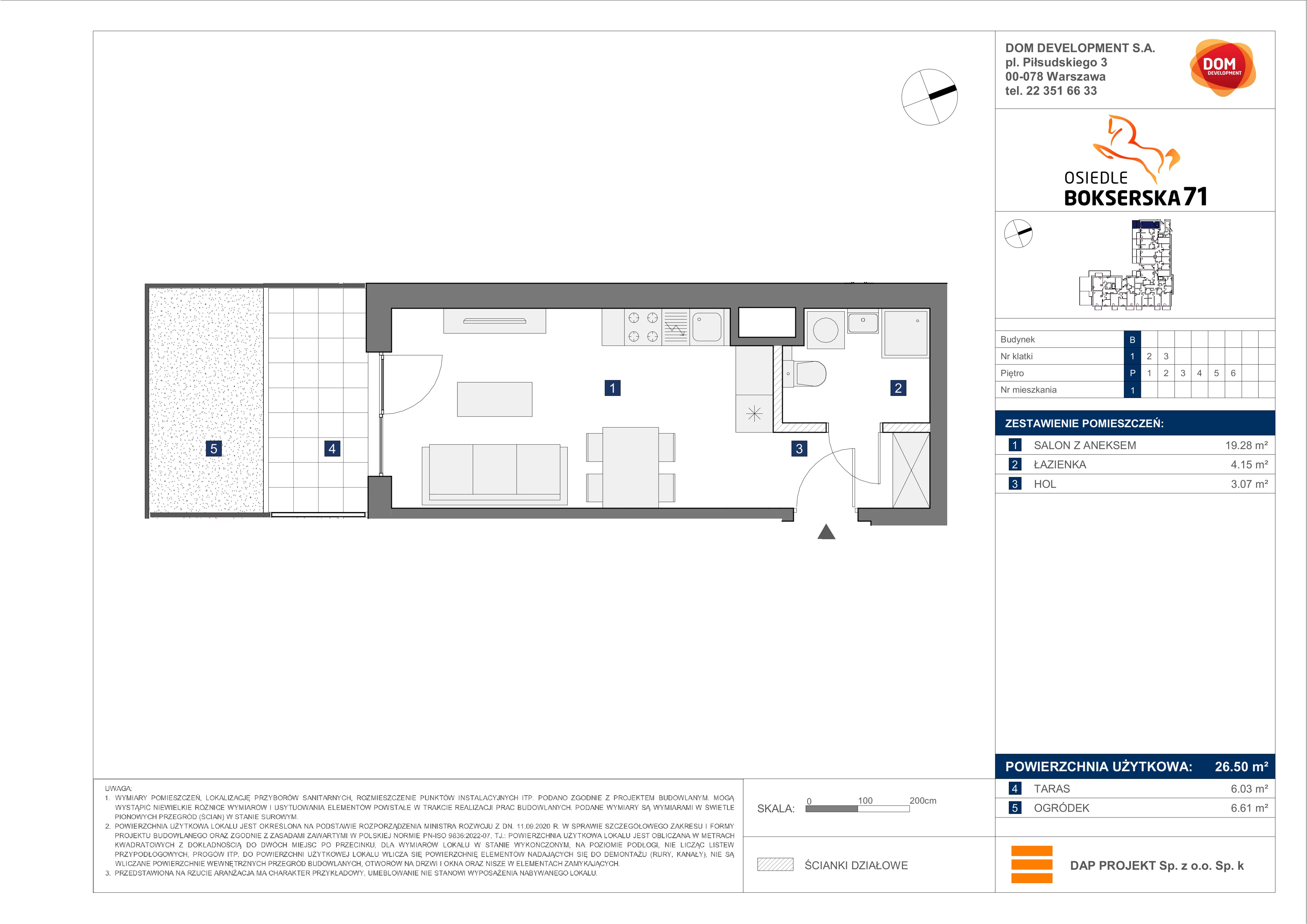 1 pokój, mieszkanie 26,50 m², parter, oferta nr B/1, Bokserska 71 etap 2.2, Warszawa, Ursynów, Wyczółki, ul. Bokserska 71
