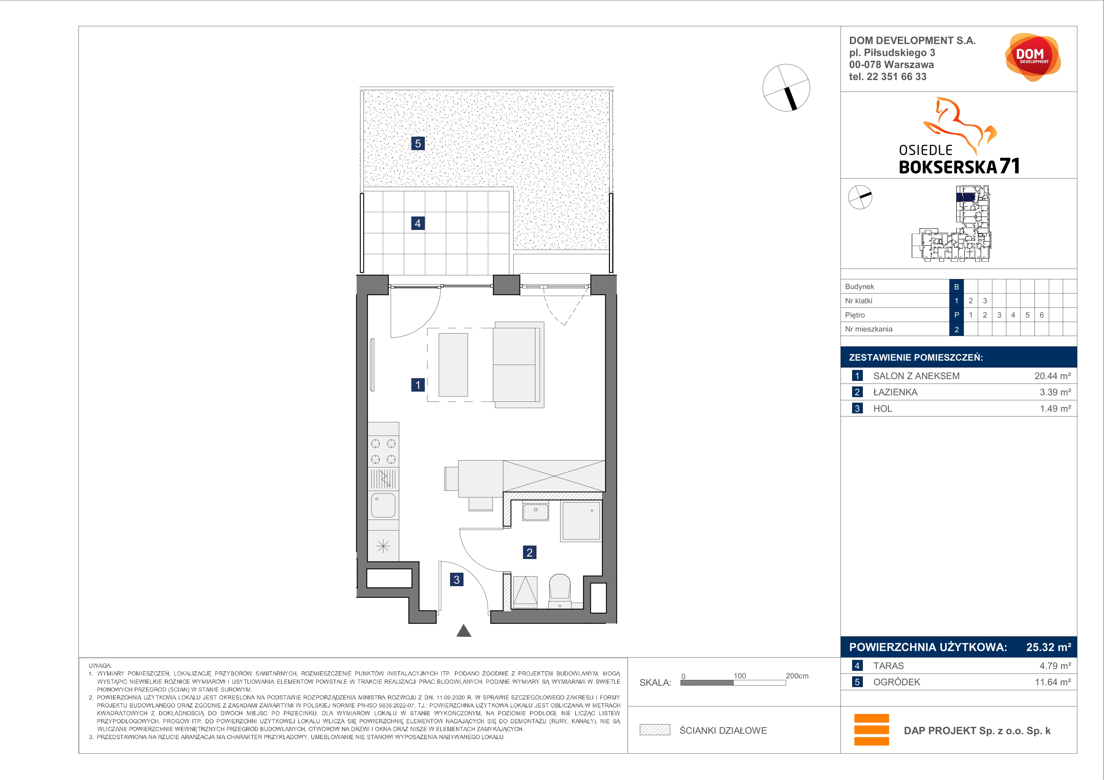 1 pokój, mieszkanie 25,32 m², parter, oferta nr B/2, Bokserska 71 etap 2.2, Warszawa, Ursynów, Wyczółki, ul. Bokserska 71