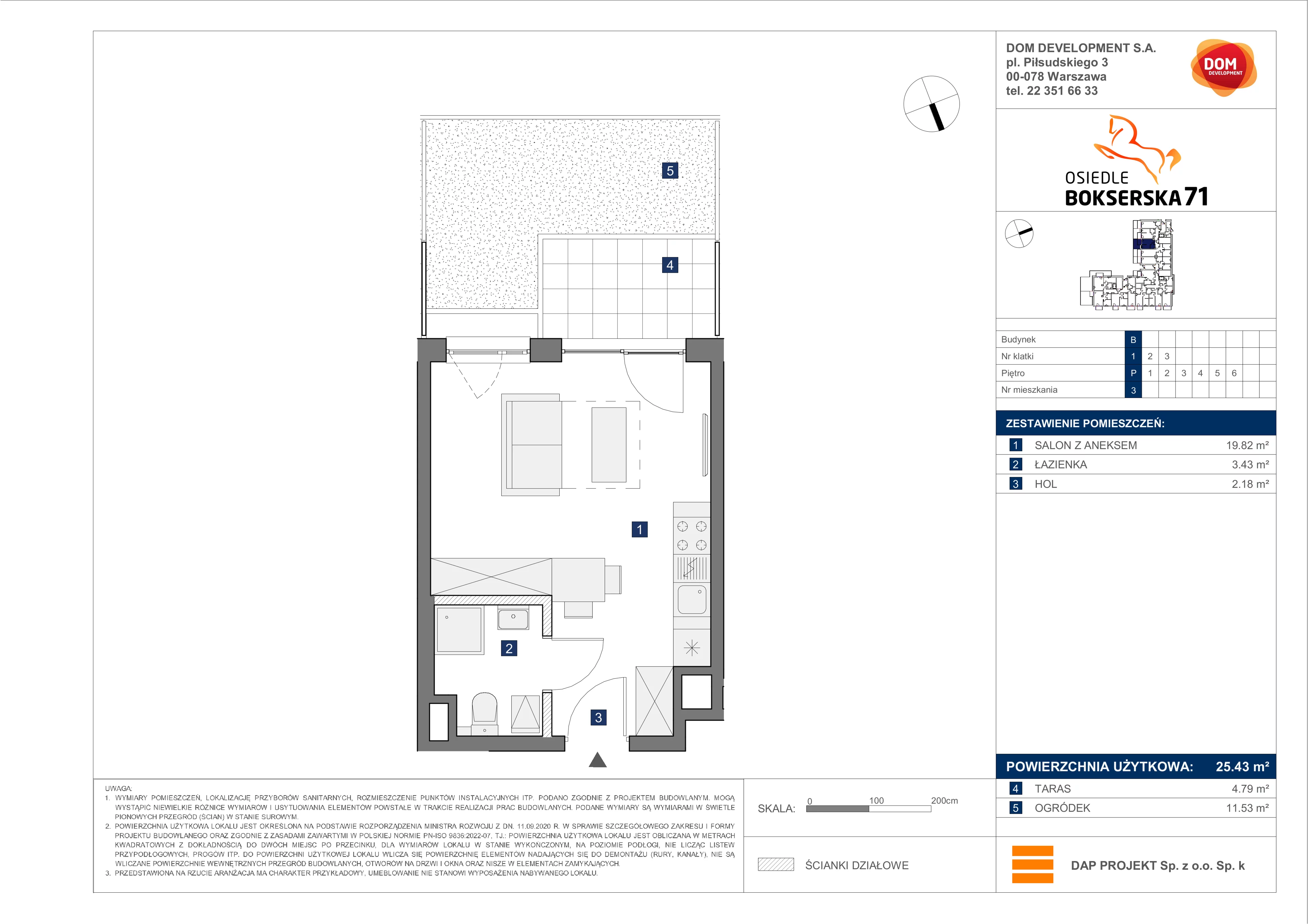 1 pokój, mieszkanie 25,43 m², parter, oferta nr B/3, Bokserska 71 etap 2.2, Warszawa, Ursynów, Wyczółki, ul. Bokserska 71