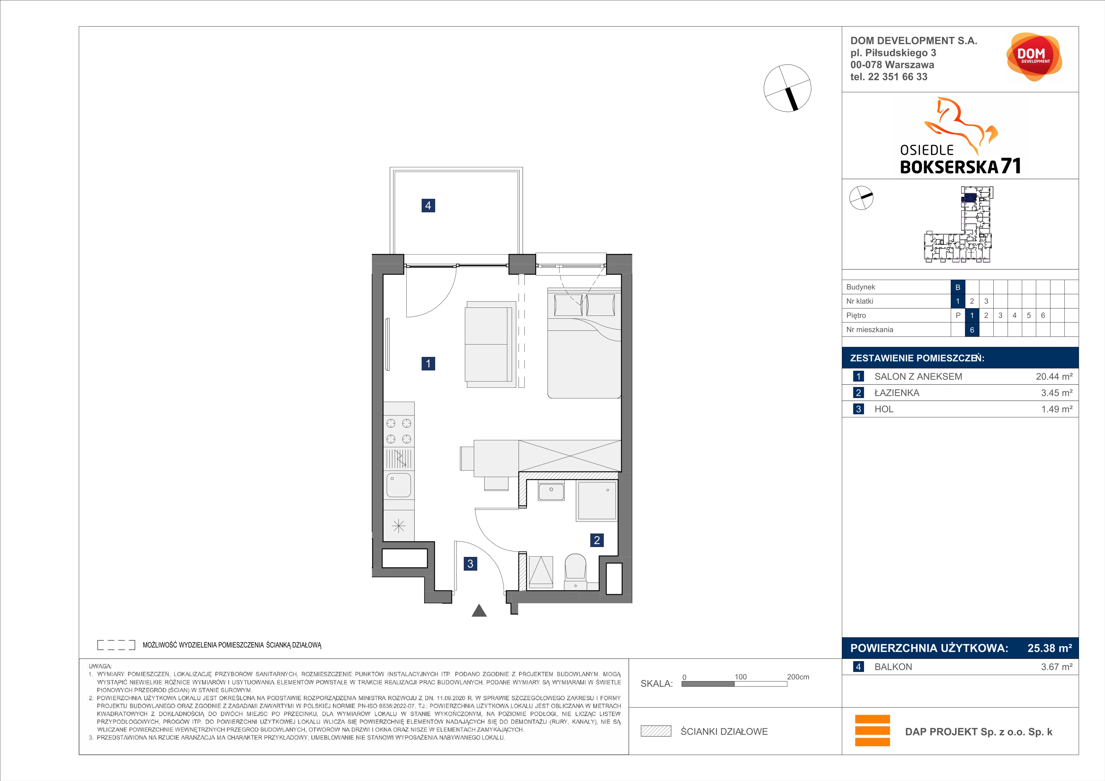1 pokój, mieszkanie 25,38 m², piętro 1, oferta nr B/6, Bokserska 71 etap 2.2, Warszawa, Ursynów, Wyczółki, ul. Bokserska 71