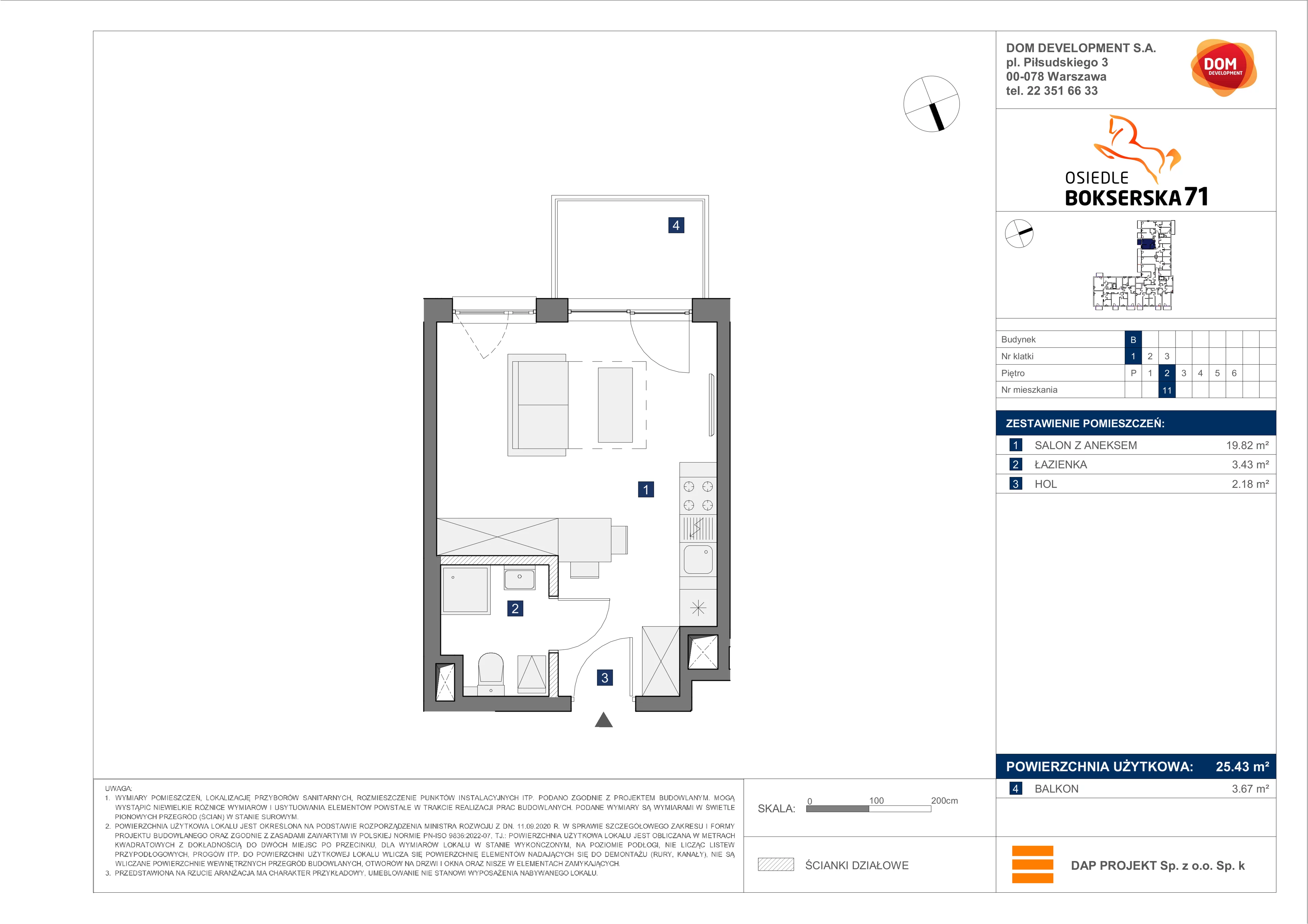 1 pokój, mieszkanie 25,43 m², piętro 2, oferta nr B/11, Bokserska 71 etap 2.2, Warszawa, Ursynów, Wyczółki, ul. Bokserska 71