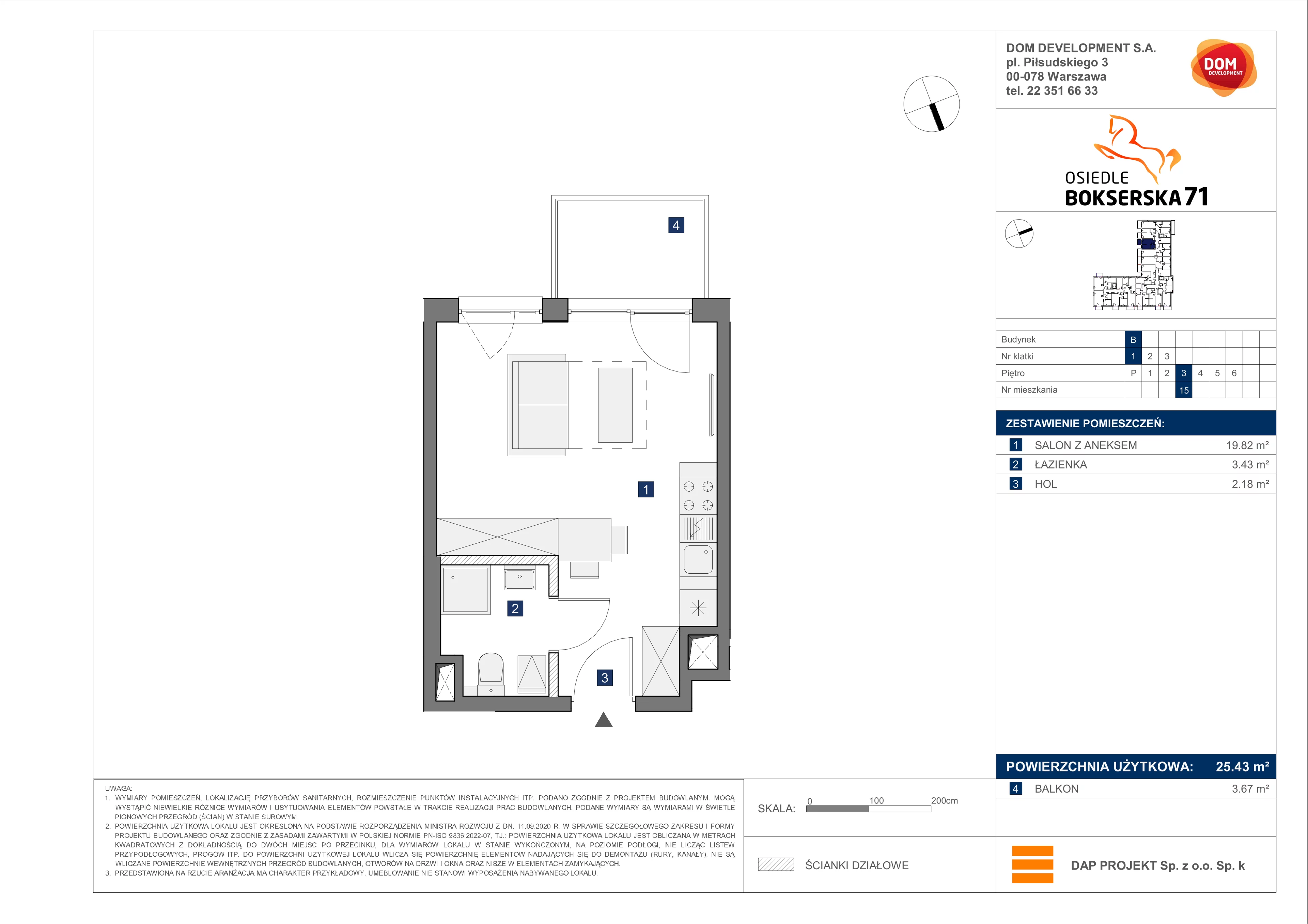 1 pokój, mieszkanie 25,43 m², piętro 3, oferta nr B/15, Bokserska 71 etap 2.2, Warszawa, Ursynów, Wyczółki, ul. Bokserska 71