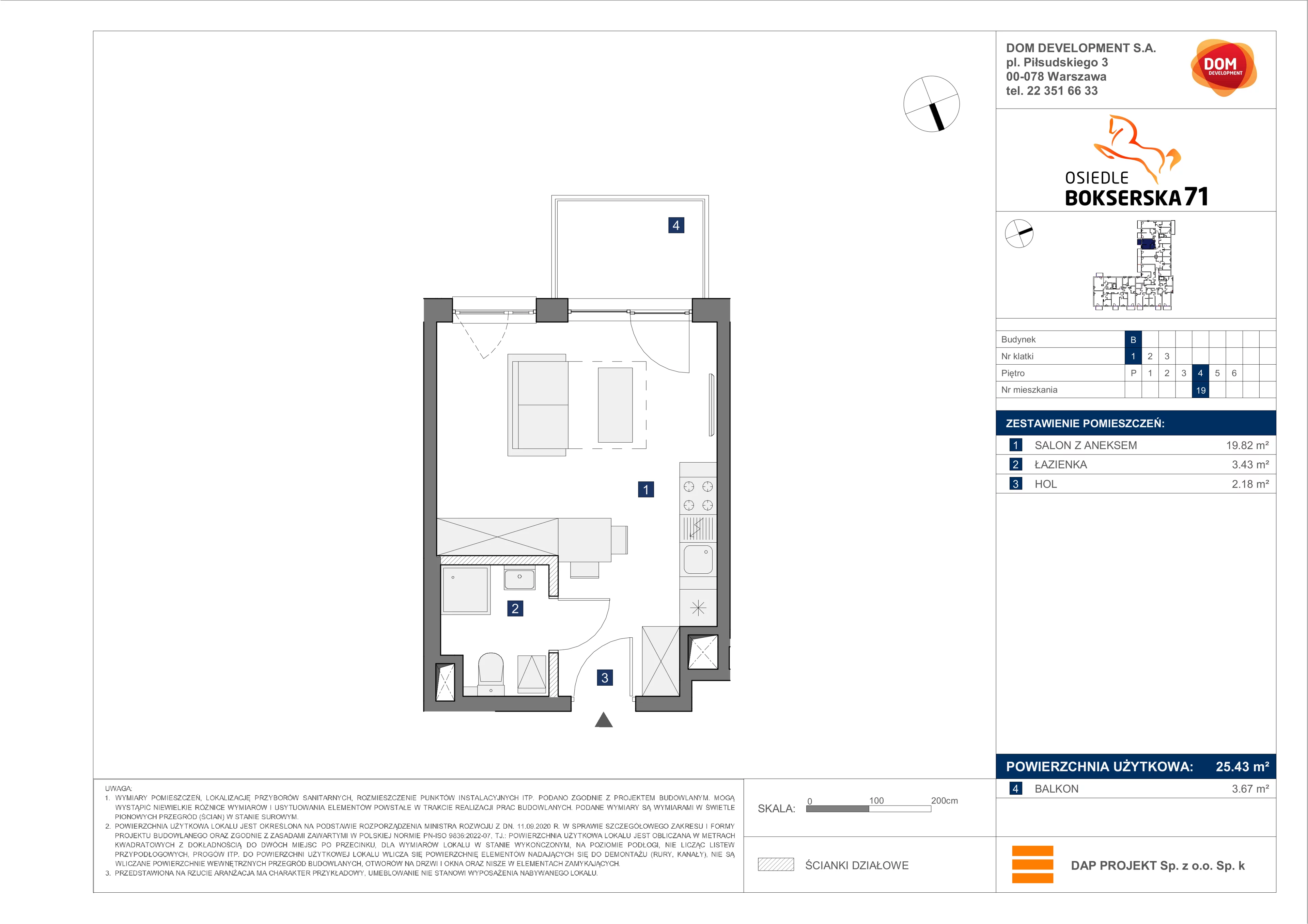 1 pokój, mieszkanie 25,43 m², piętro 4, oferta nr B/19, Bokserska 71 etap 2.2, Warszawa, Ursynów, Wyczółki, ul. Bokserska 71