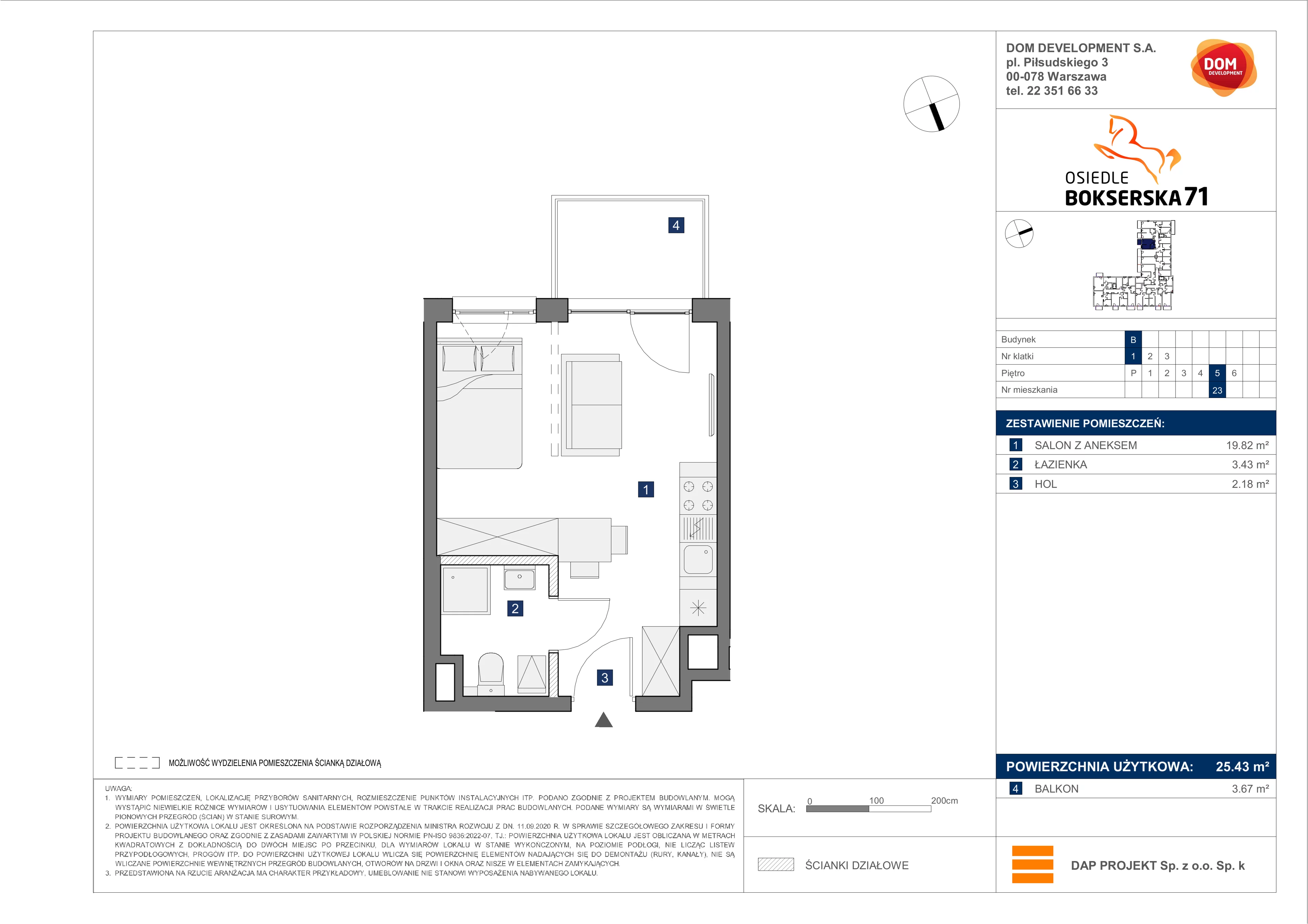 1 pokój, mieszkanie 25,43 m², piętro 5, oferta nr B/23, Bokserska 71 etap 2.2, Warszawa, Ursynów, Wyczółki, ul. Bokserska 71