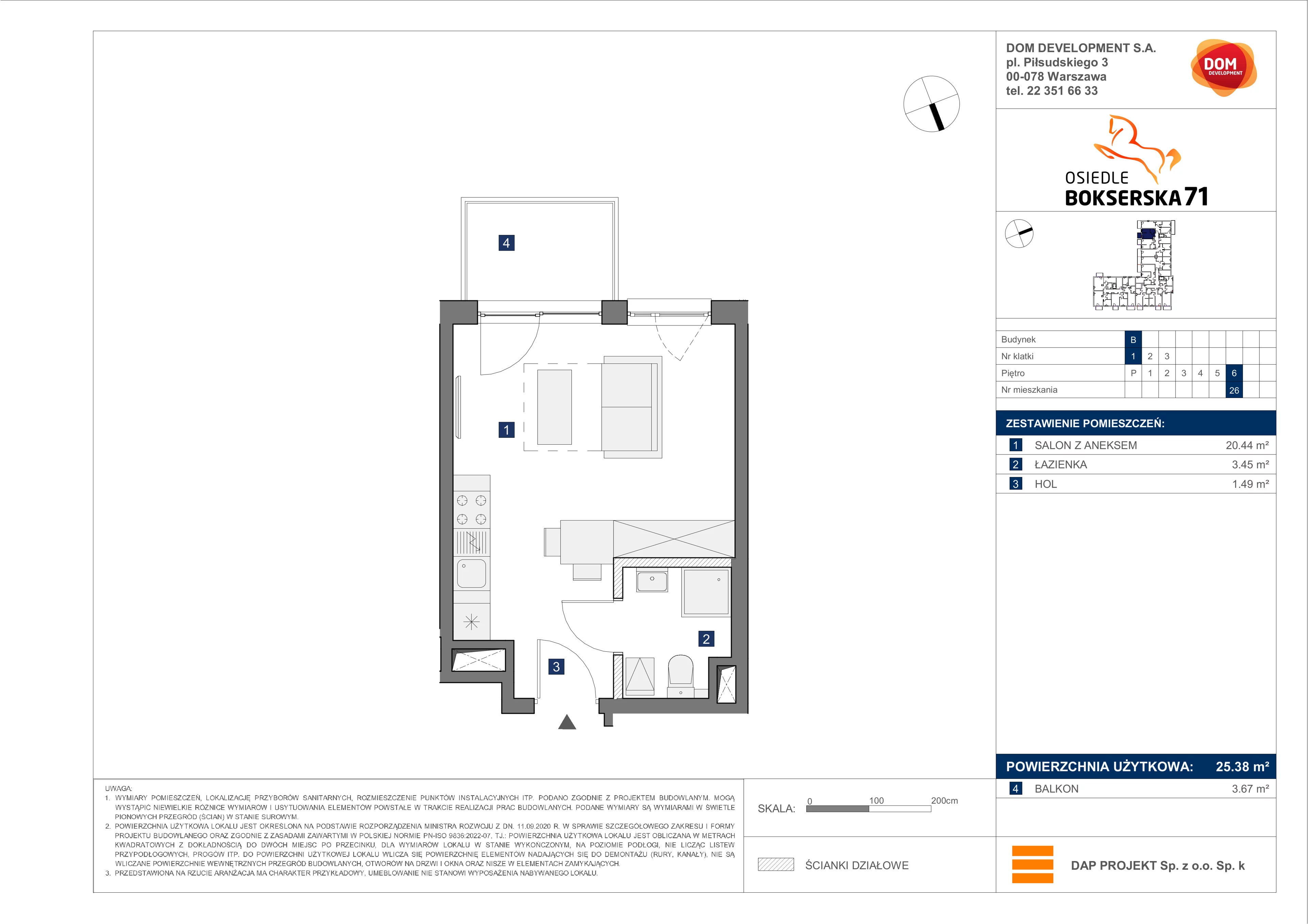 1 pokój, mieszkanie 25,38 m², piętro 6, oferta nr B/26, Bokserska 71 etap 2.2, Warszawa, Ursynów, Wyczółki, ul. Bokserska 71
