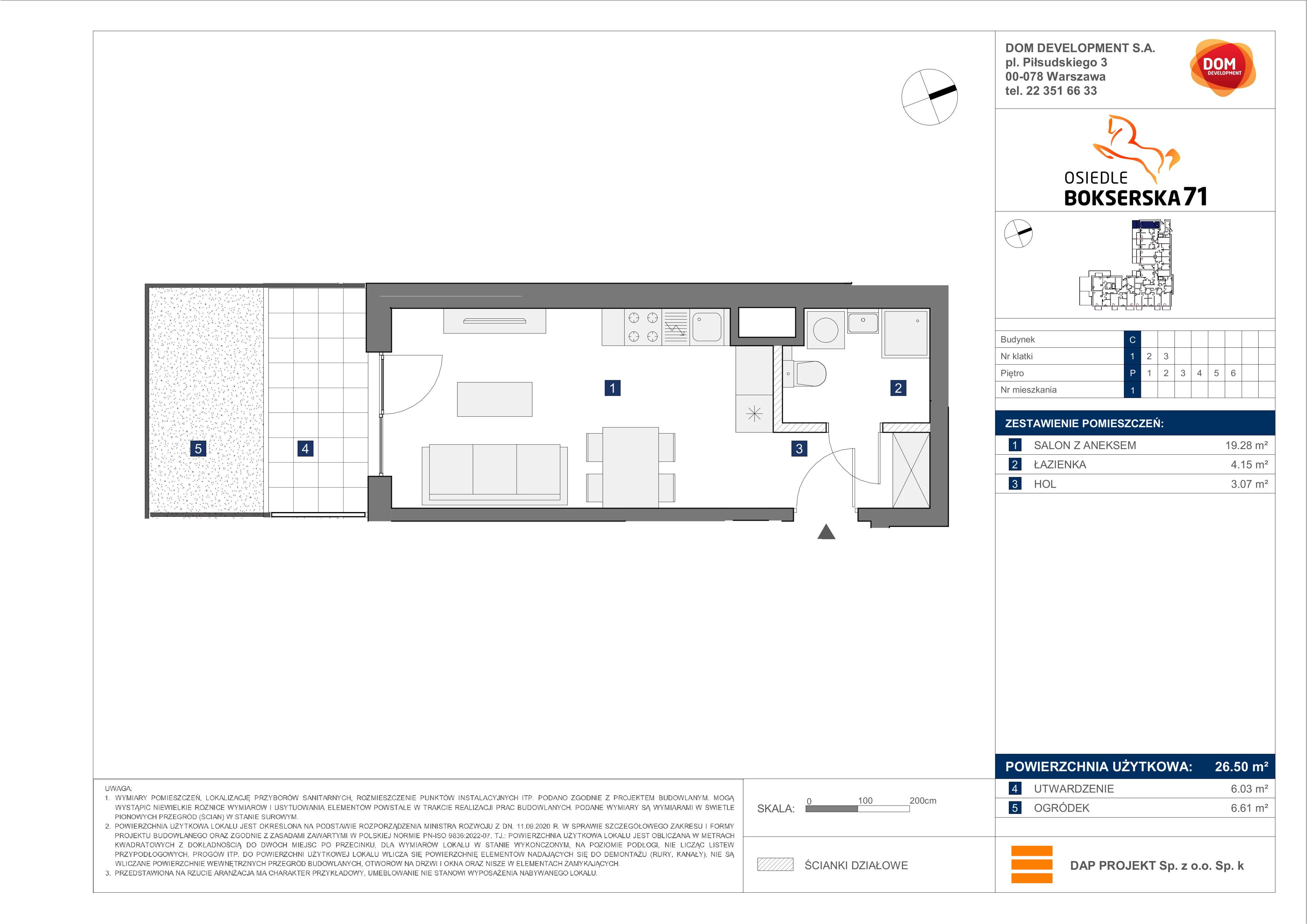 1 pokój, mieszkanie 26,50 m², parter, oferta nr C/1, Bokserska 71 etap 2.2, Warszawa, Ursynów, Wyczółki, ul. Bokserska 71