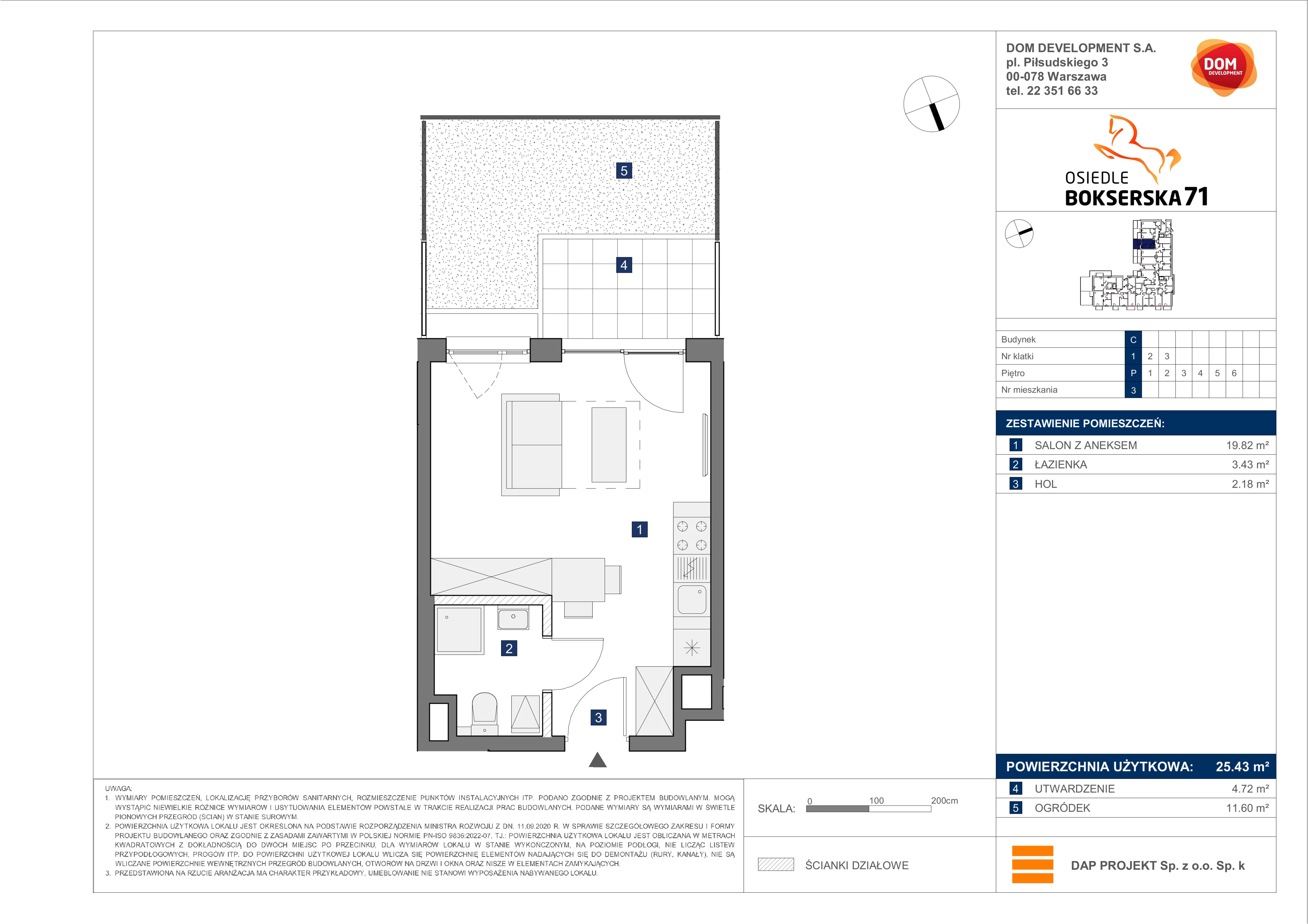 1 pokój, mieszkanie 25,43 m², parter, oferta nr C/3, Bokserska 71 etap 2.2, Warszawa, Ursynów, Wyczółki, ul. Bokserska 71