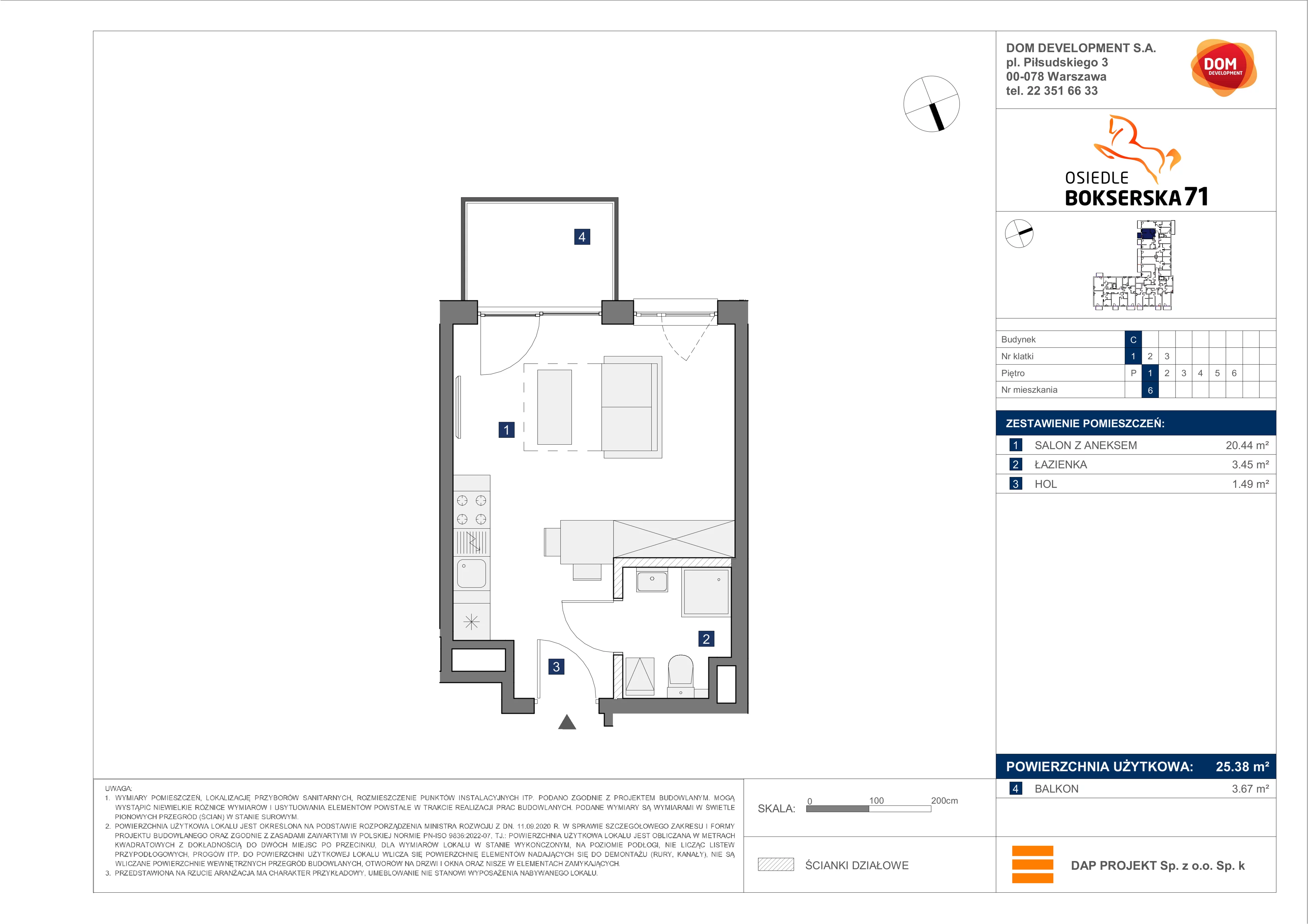 1 pokój, mieszkanie 25,38 m², piętro 1, oferta nr C/6, Bokserska 71 etap 2.2, Warszawa, Ursynów, Wyczółki, ul. Bokserska 71