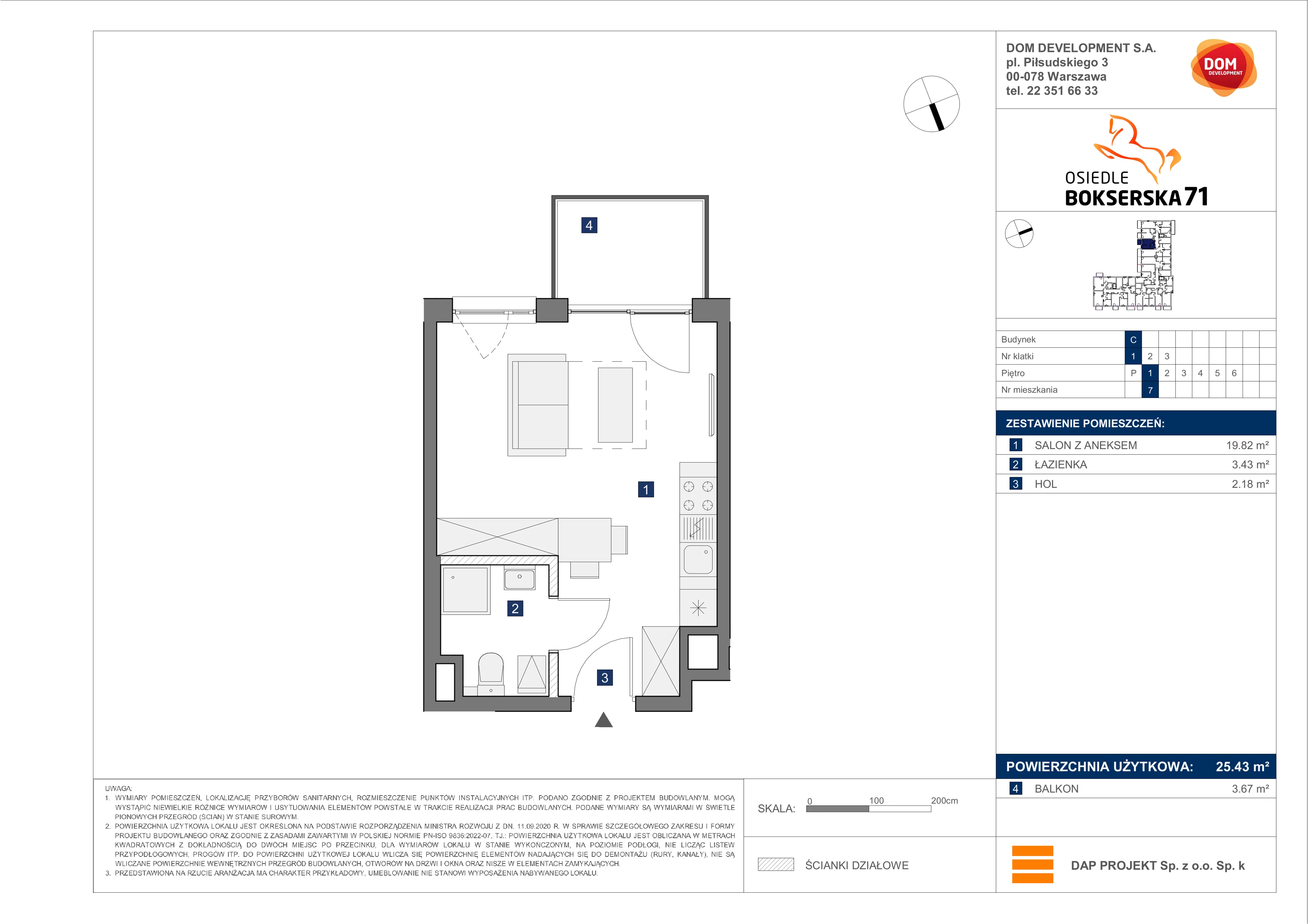 1 pokój, mieszkanie 25,43 m², piętro 1, oferta nr C/7, Bokserska 71 etap 2.2, Warszawa, Ursynów, Wyczółki, ul. Bokserska 71