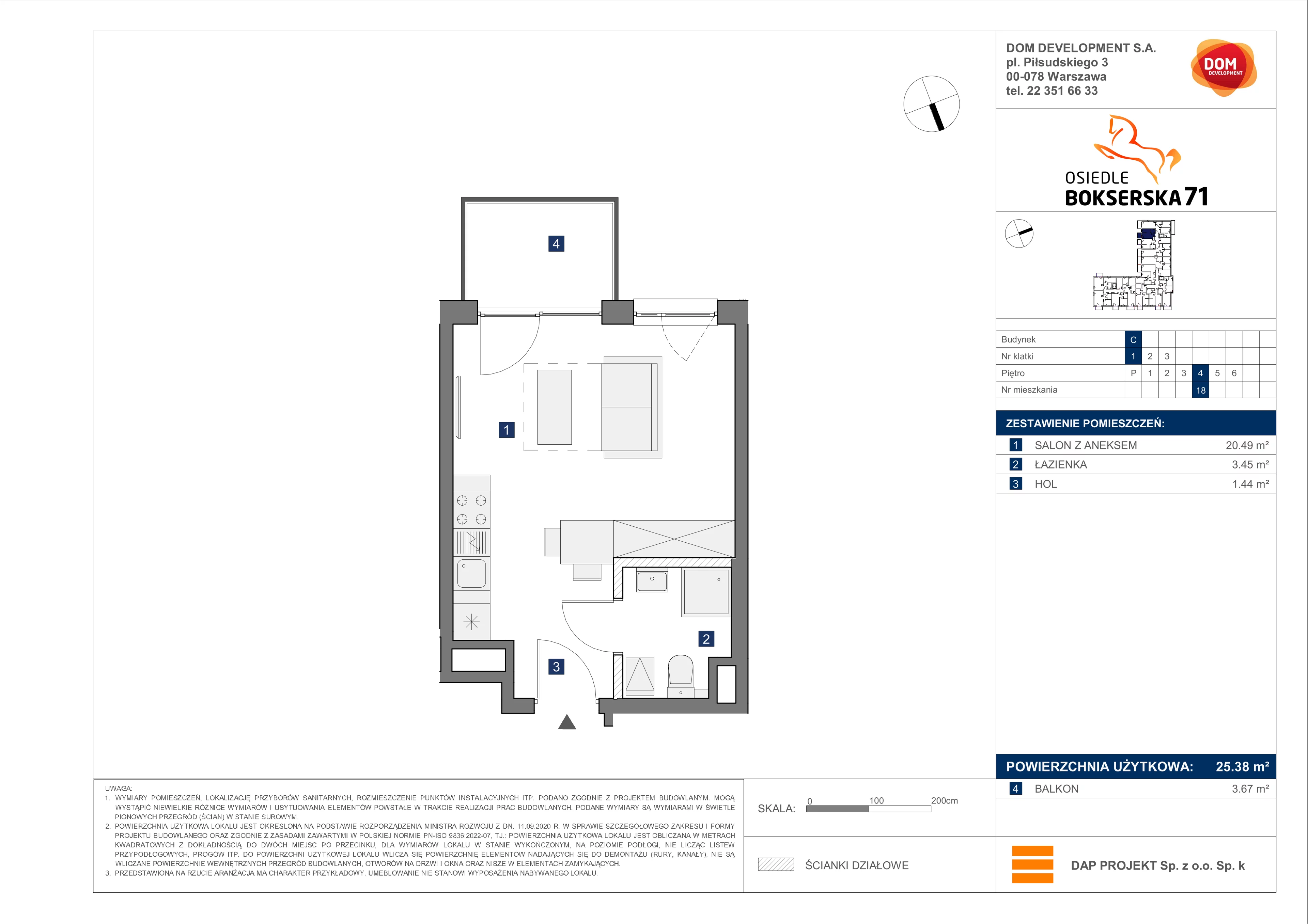 1 pokój, mieszkanie 25,38 m², piętro 4, oferta nr C/18, Bokserska 71 etap 2.2, Warszawa, Ursynów, Wyczółki, ul. Bokserska 71