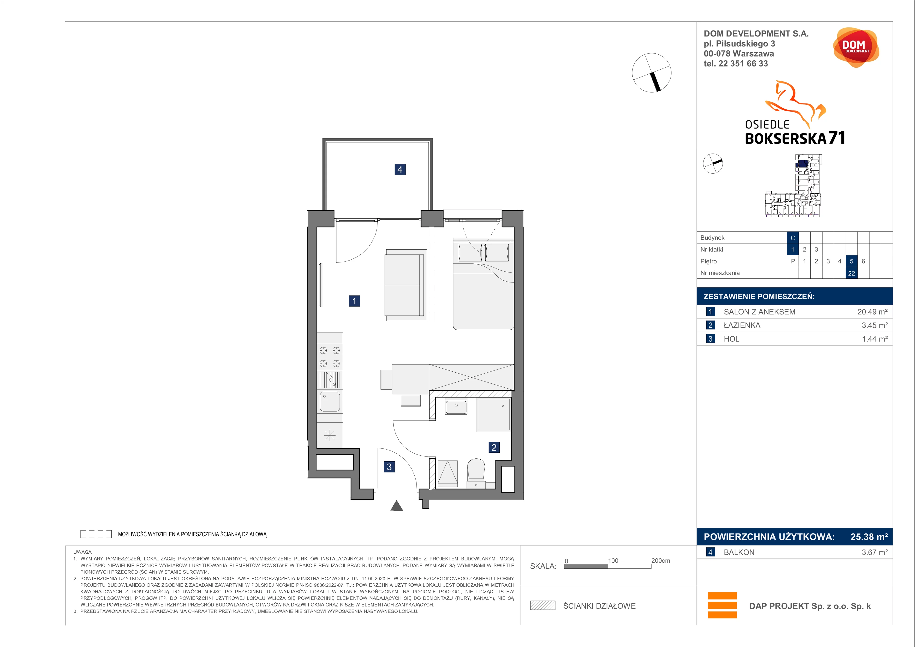 1 pokój, mieszkanie 25,38 m², piętro 5, oferta nr C/22, Bokserska 71 etap 2.2, Warszawa, Ursynów, Wyczółki, ul. Bokserska 71