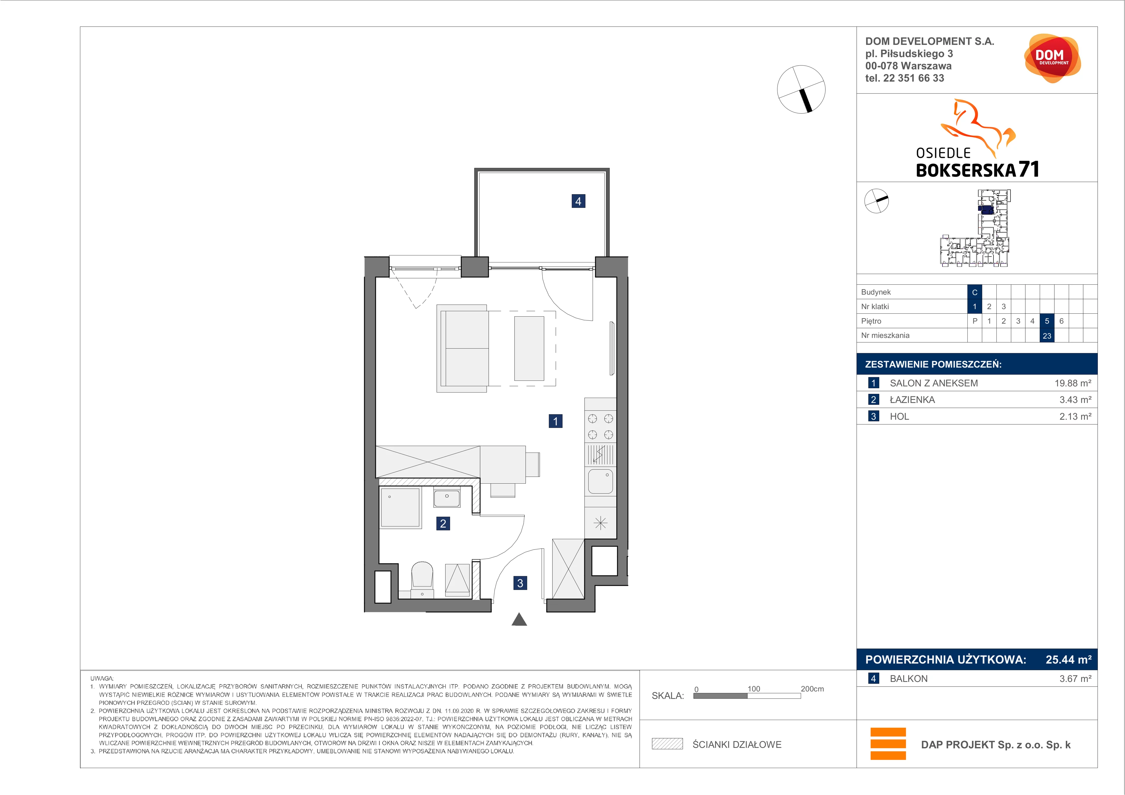 1 pokój, mieszkanie 25,44 m², piętro 5, oferta nr C/23, Bokserska 71 etap 2.2, Warszawa, Ursynów, Wyczółki, ul. Bokserska 71