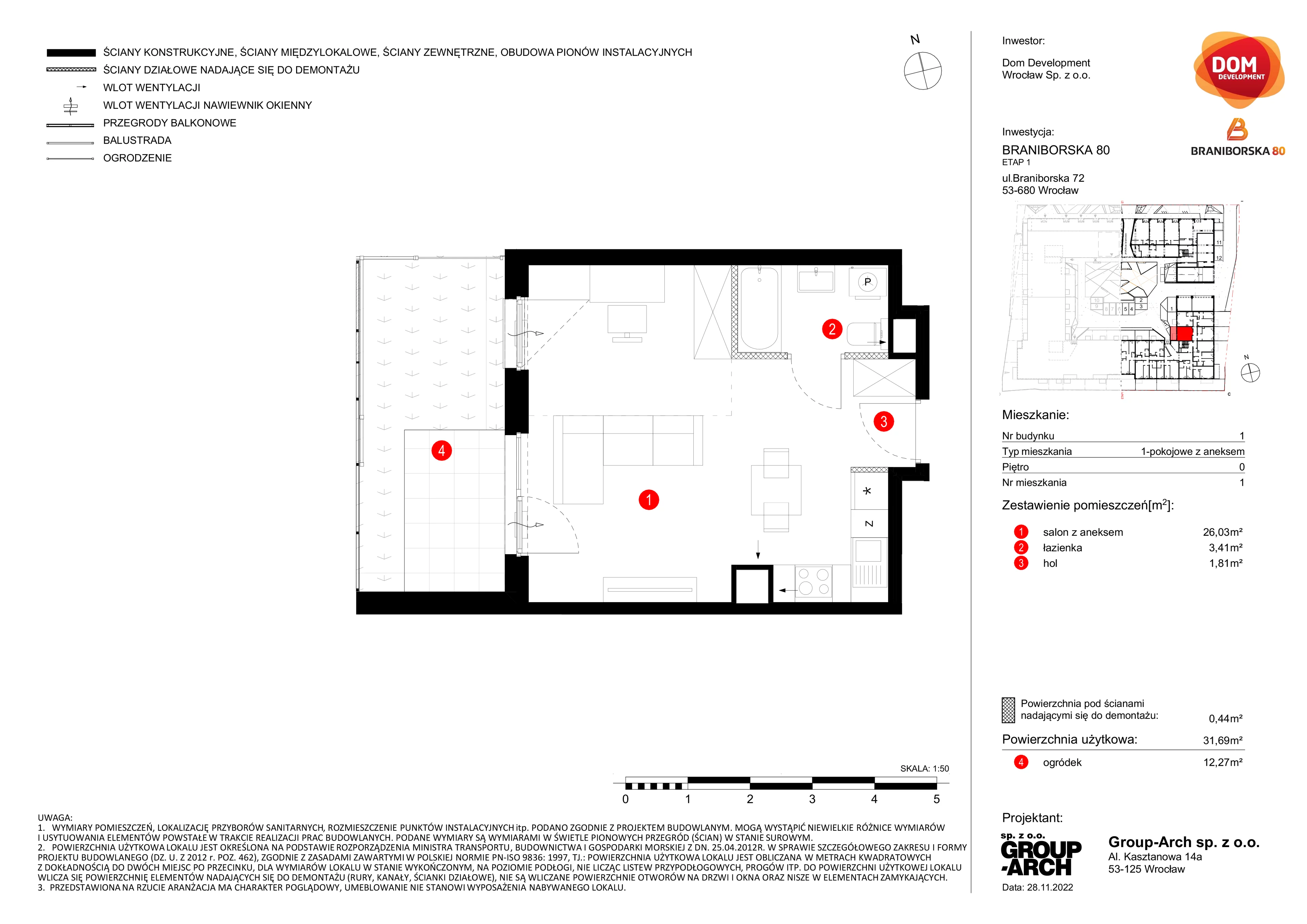 1 pokój, mieszkanie 31,69 m², parter, oferta nr A/1, Braniborska 80, Wrocław, Stare Miasto, ul. Braniborska 80