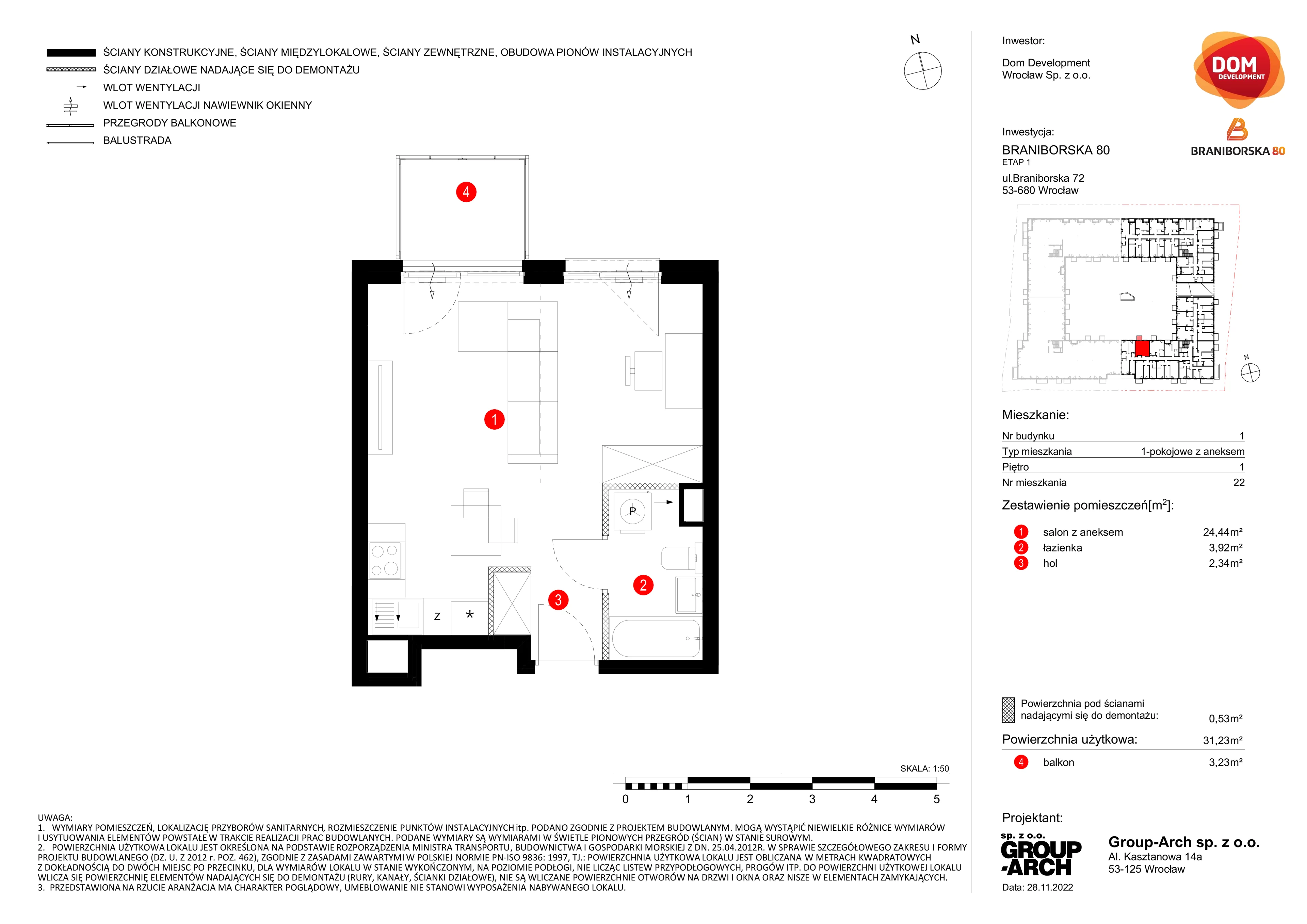 1 pokój, mieszkanie 31,23 m², piętro 1, oferta nr A/22, Braniborska 80, Wrocław, Stare Miasto, ul. Braniborska 80