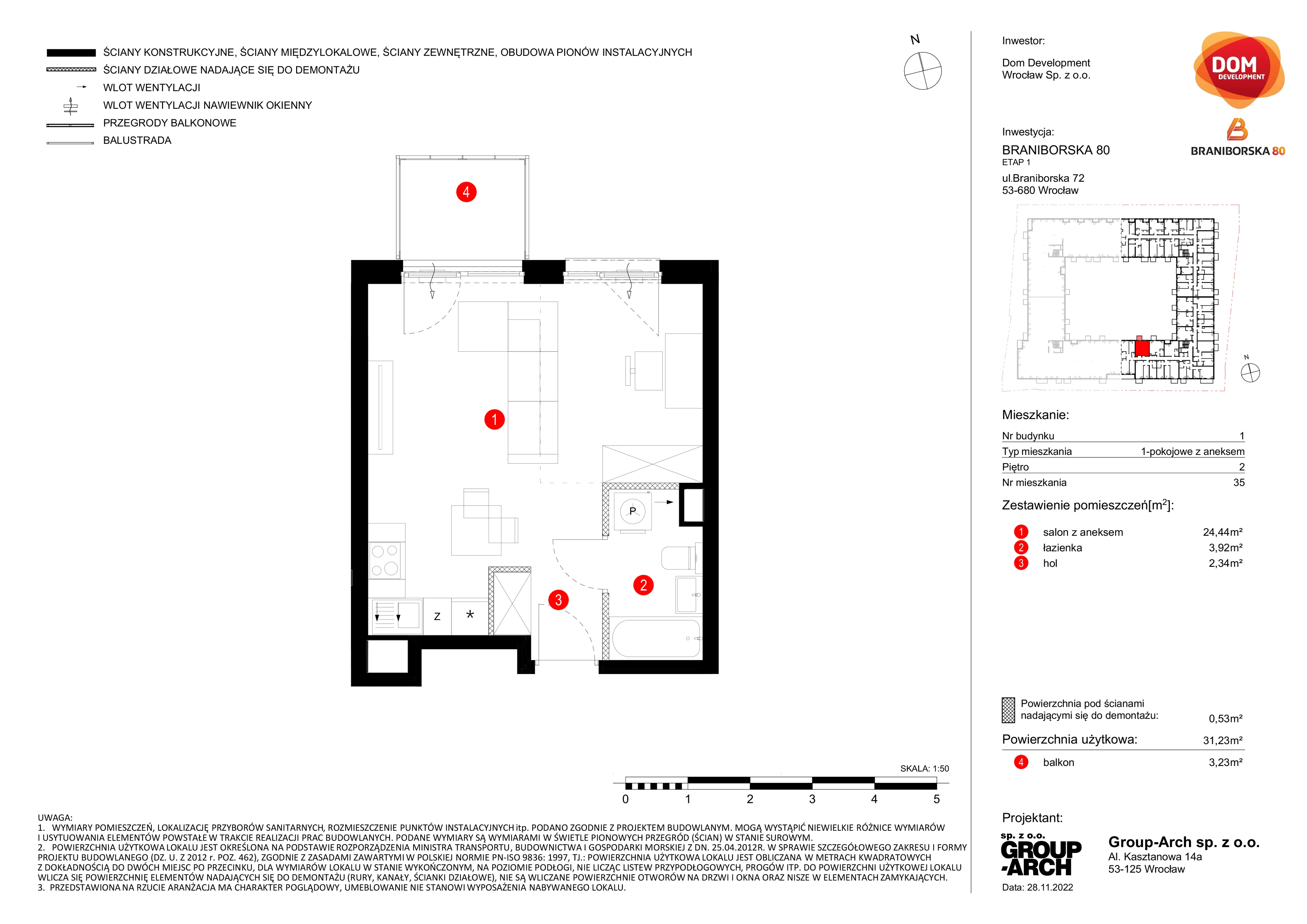1 pokój, mieszkanie 31,23 m², piętro 2, oferta nr A/35, Braniborska 80, Wrocław, Stare Miasto, ul. Braniborska 80